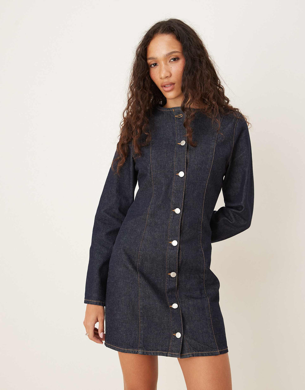 ASOS DESIGN denim long sleeve crew neck mini dress in rinse wash