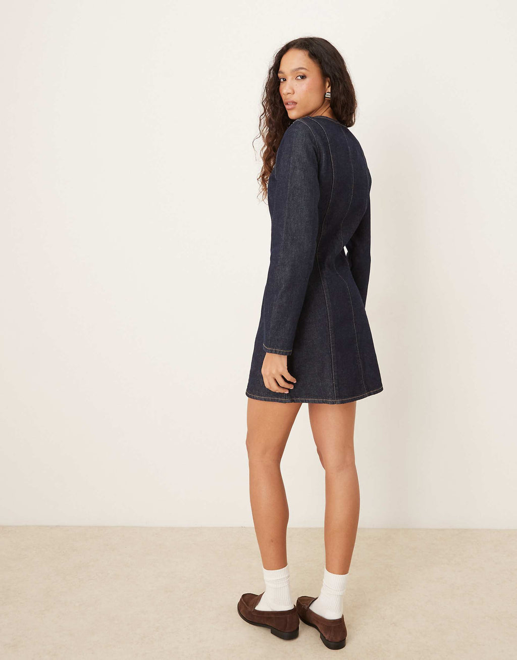 ASOS DESIGN denim long sleeve crew neck mini dress in rinse wash