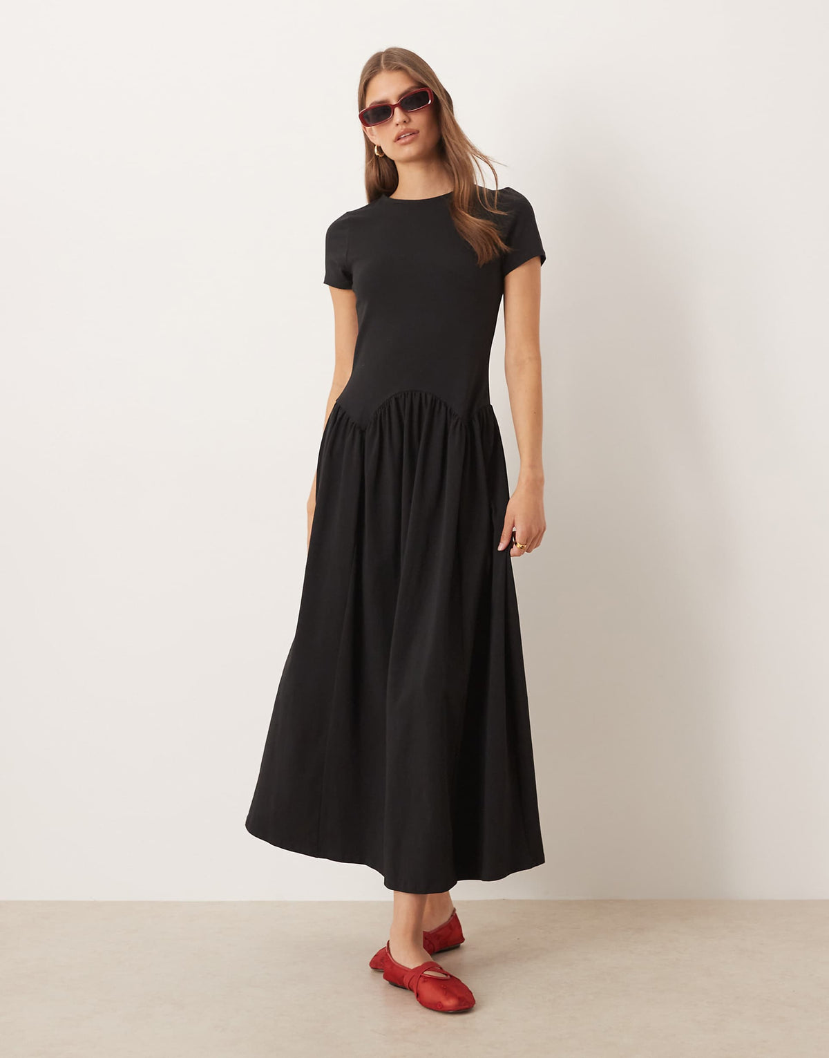 ASOS DESIGN short sleeve dipped waist detail midi dress in black