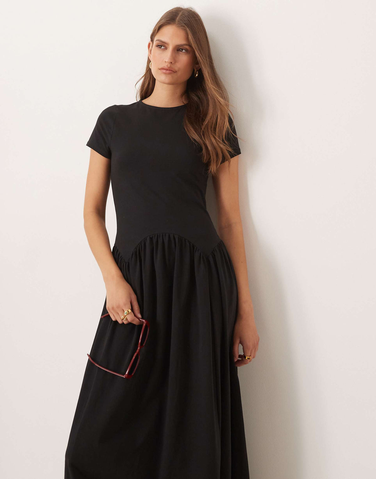ASOS DESIGN short sleeve dipped waist detail midi dress in black