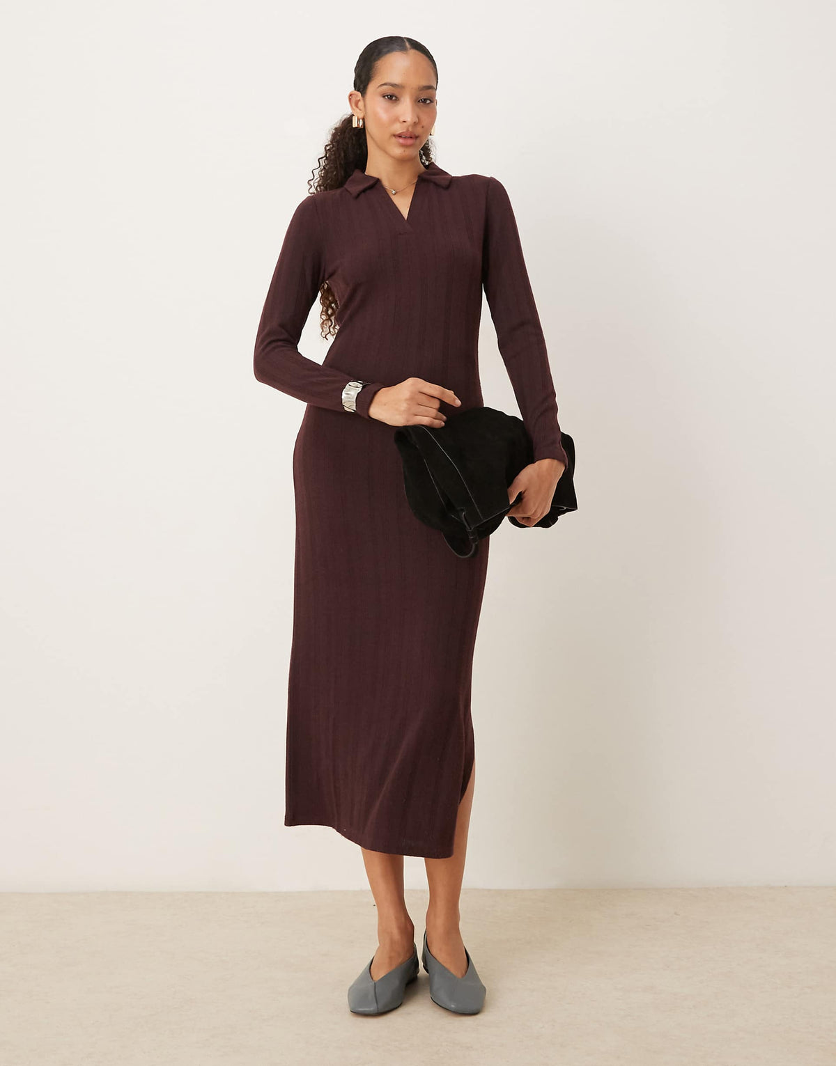 JDY knit polo midi dress in chocolate brown