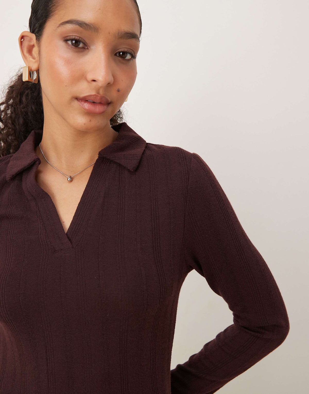 JDY knit polo midi dress in chocolate brown