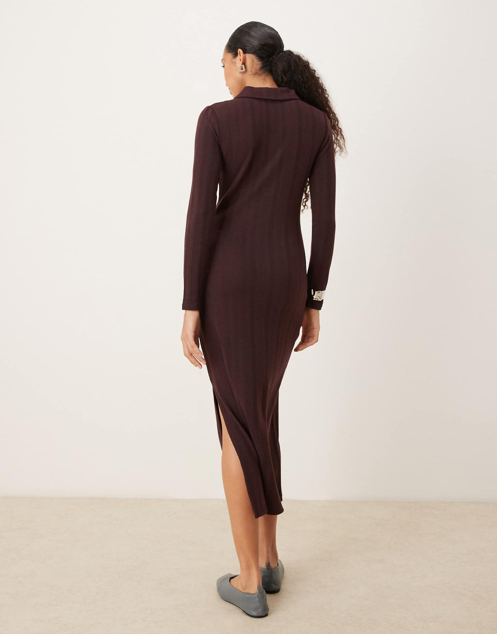 JDY knit polo midi dress in chocolate brown