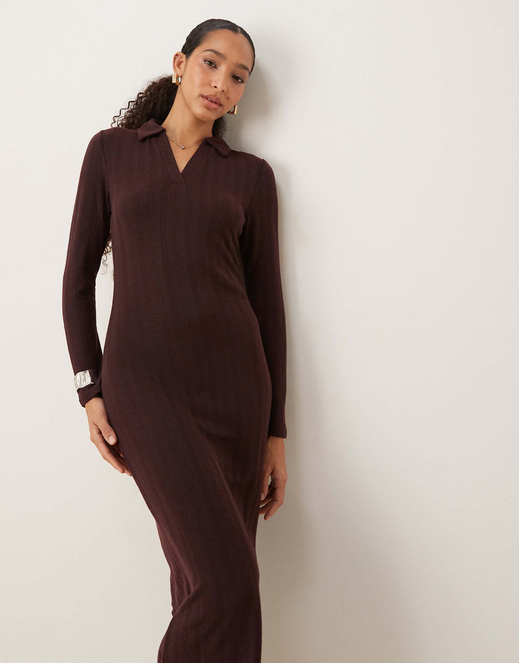 JDY knit polo midi dress in chocolate brown