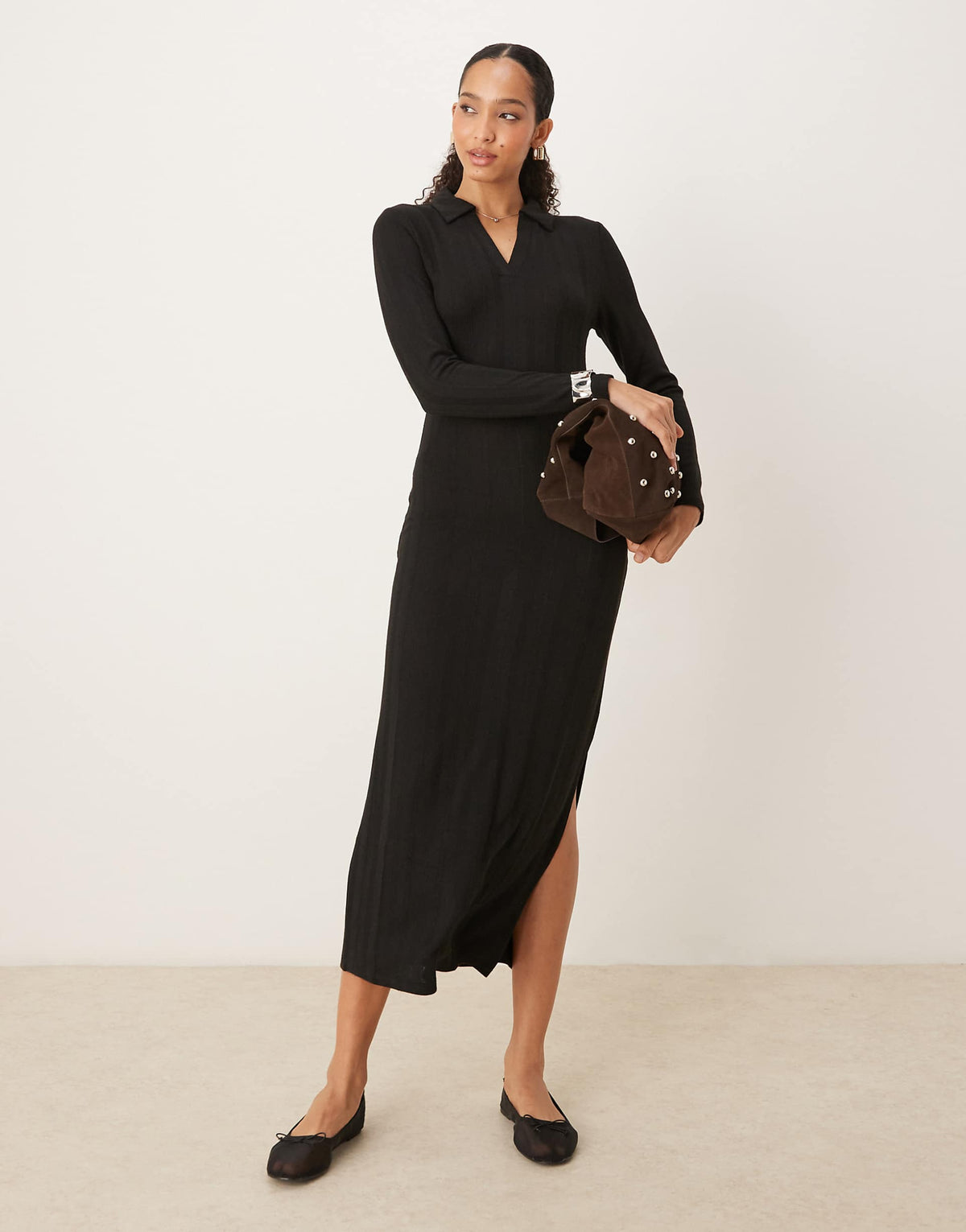 JDY knit polo midi dress in black