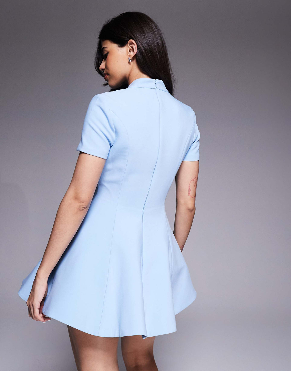 Bardot Zephyra short sleeve high neck fit and flare full skirted mini dress in soft blue