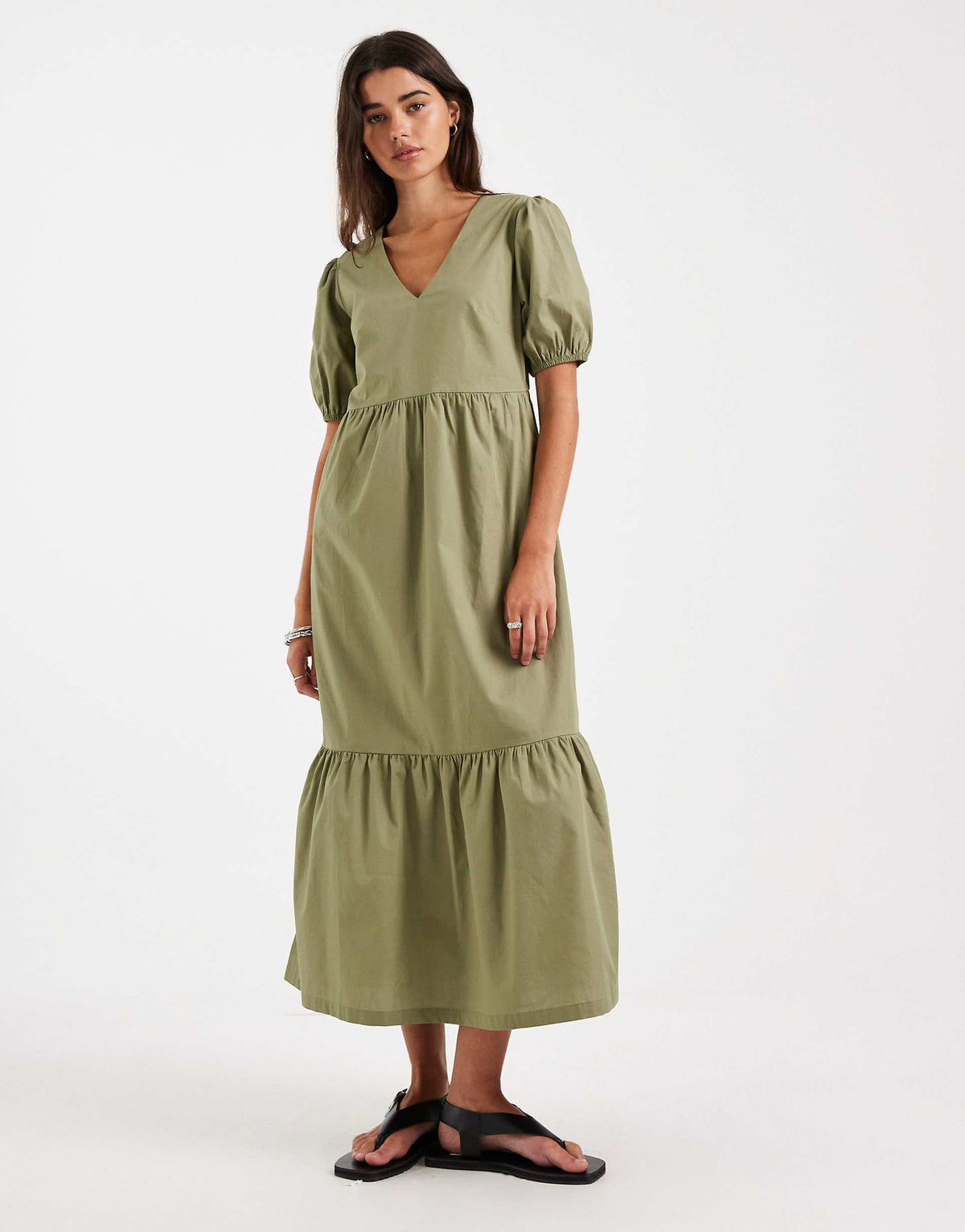 Threadbare poplin v-neck puff sleeve midi dress in olive green