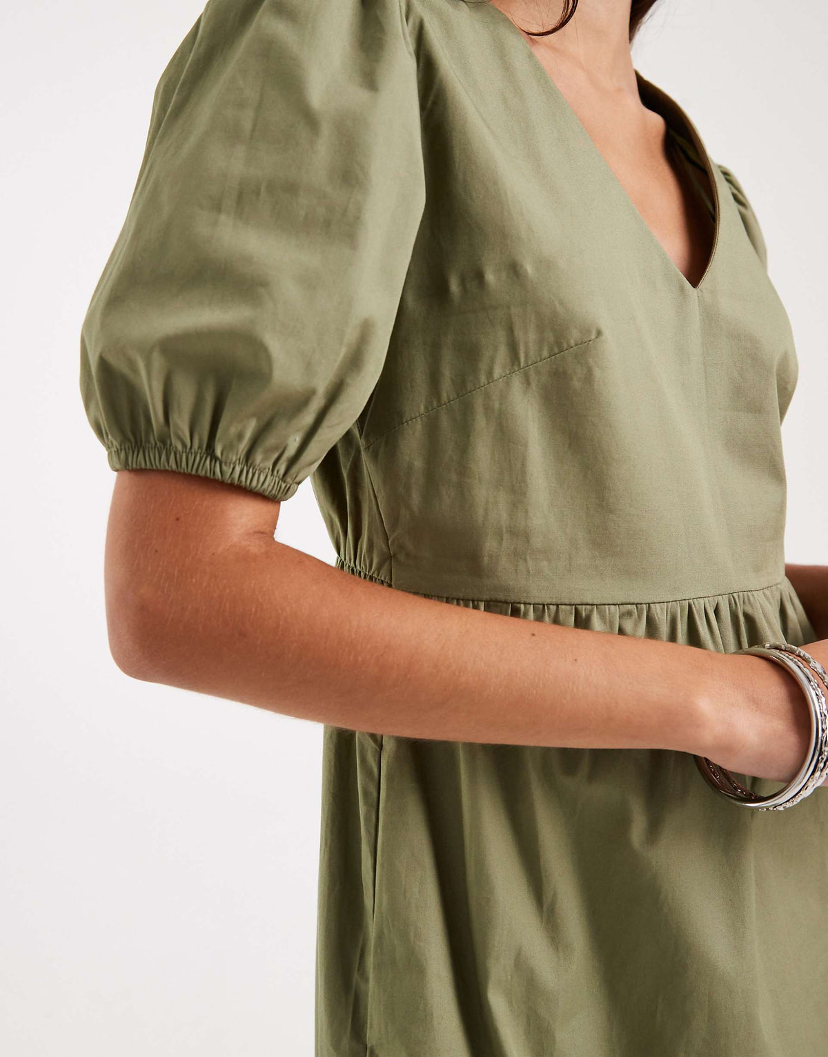 Threadbare poplin v-neck puff sleeve midi dress in olive green