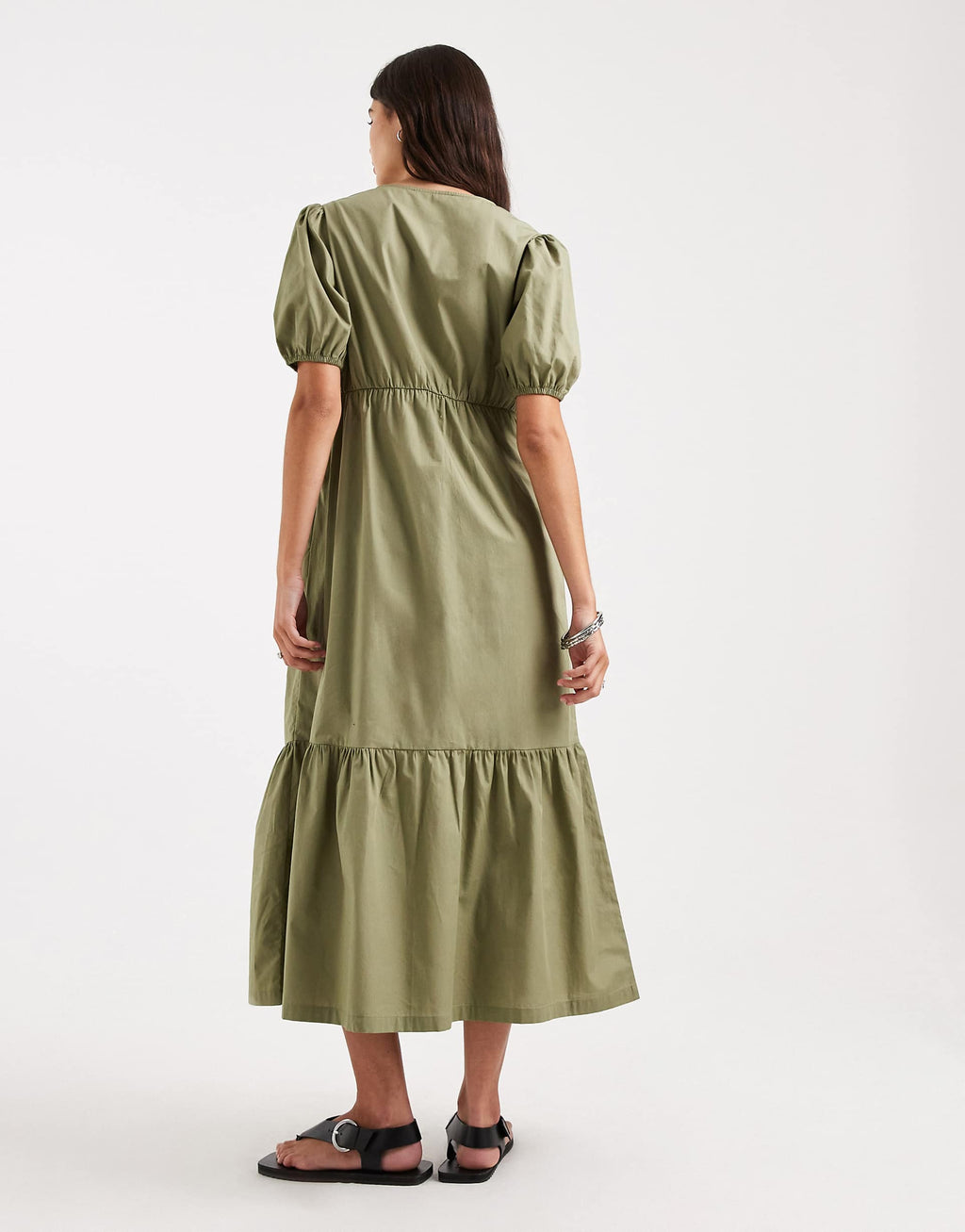 Threadbare poplin v-neck puff sleeve midi dress in olive green