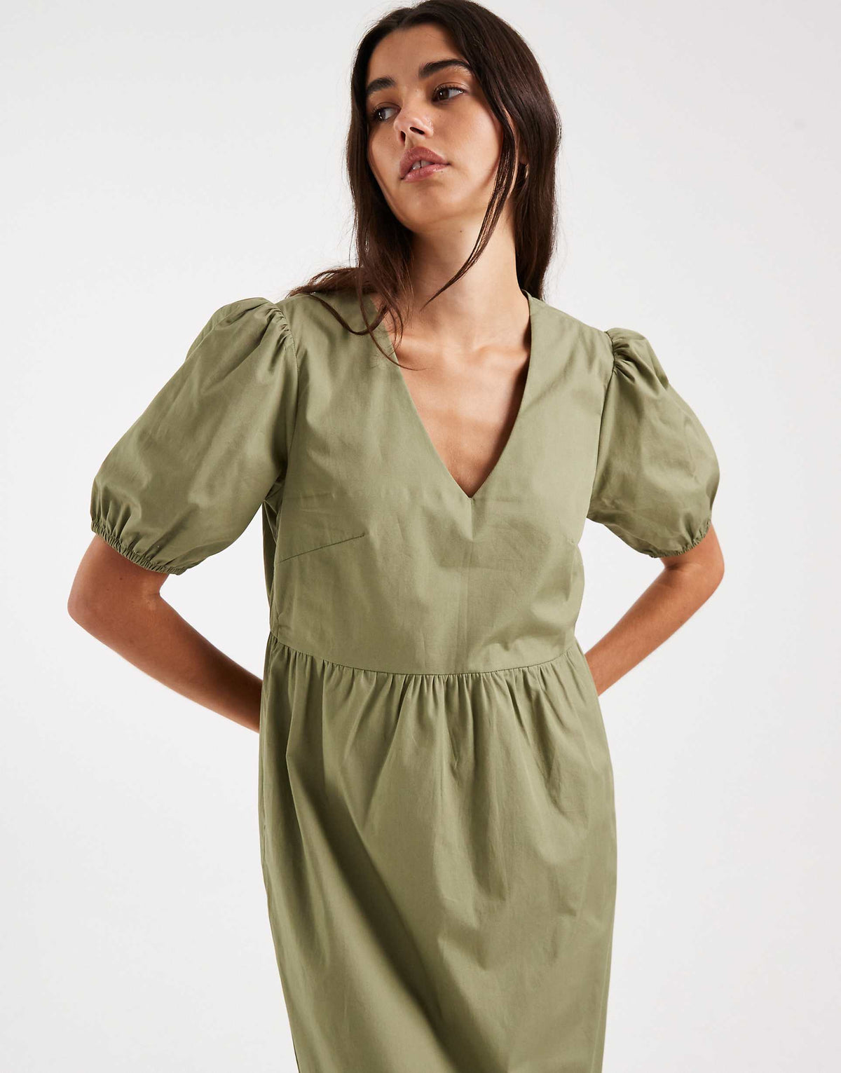 Threadbare poplin v-neck puff sleeve midi dress in olive green