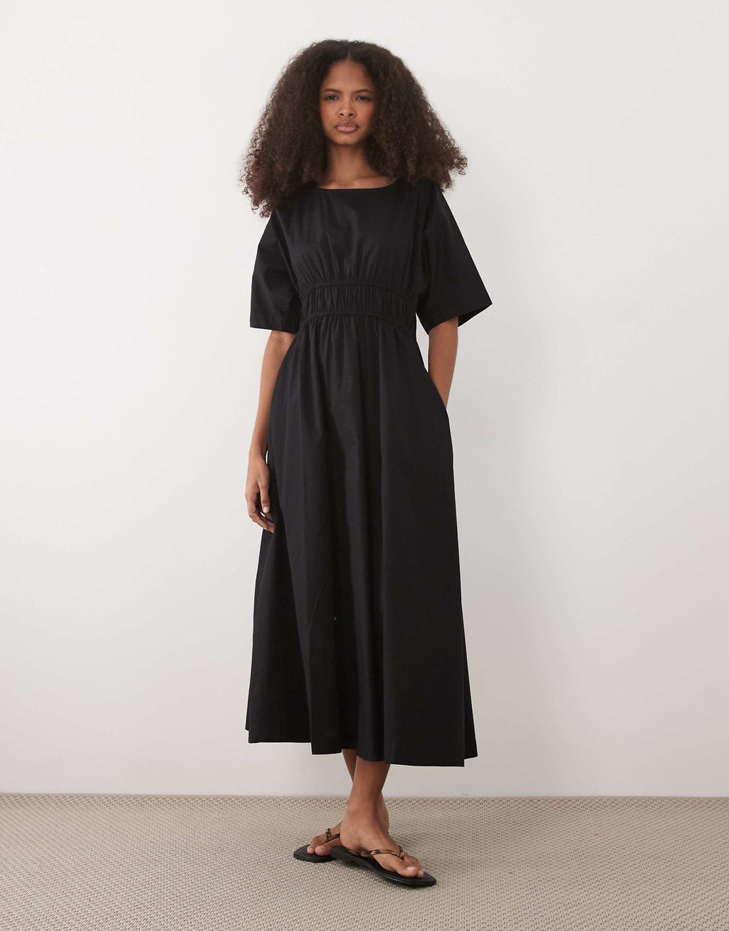 Threadbare cotton poplin short sleeve midi dress in black