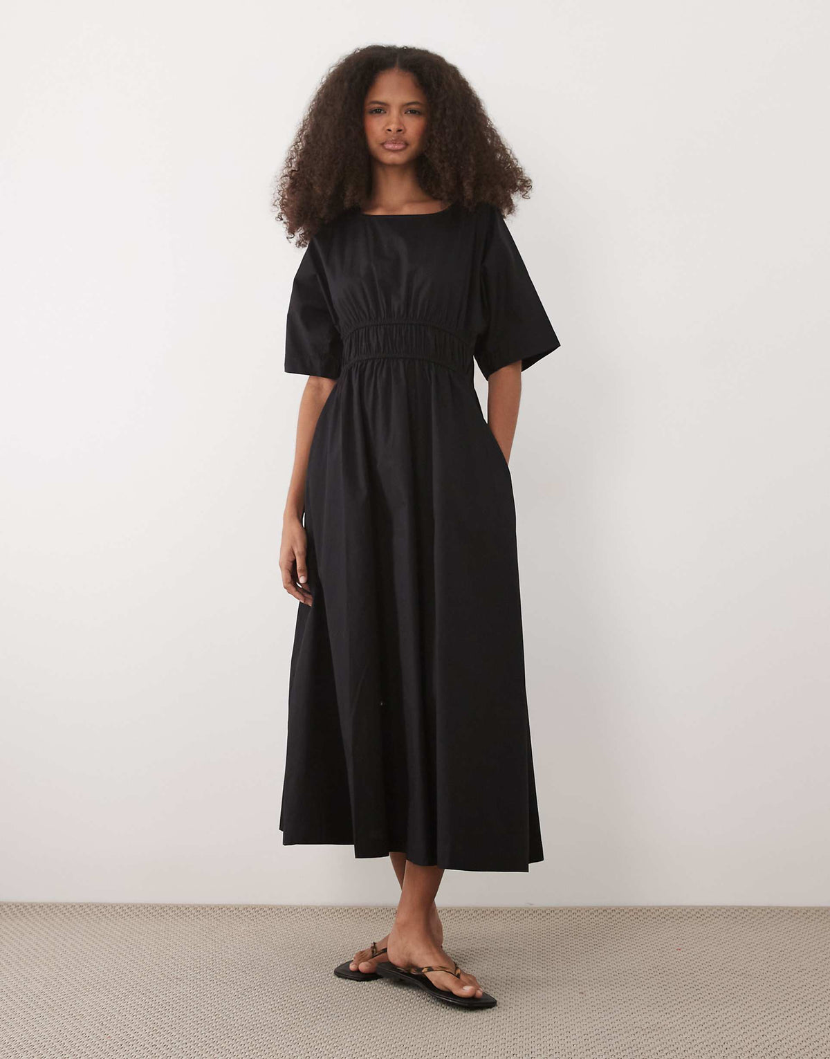 Threadbare cotton poplin short sleeve midi dress in black