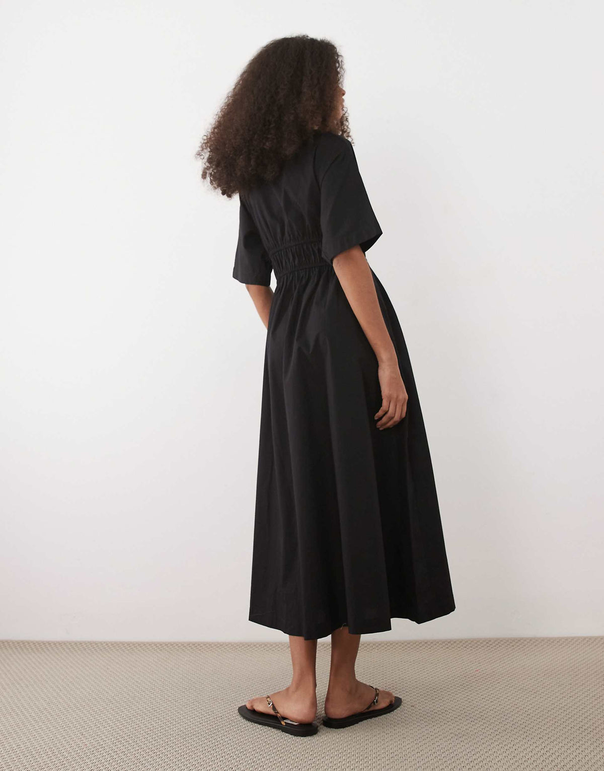 Threadbare cotton poplin short sleeve midi dress in black