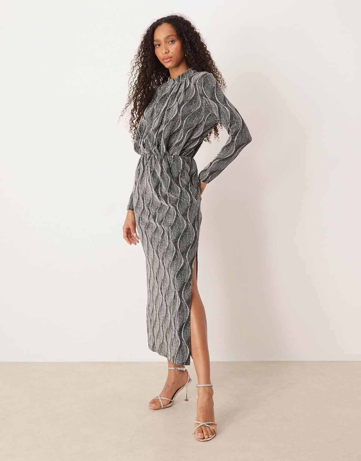 YAS high neck long sleeve glitter maxi dress in silver