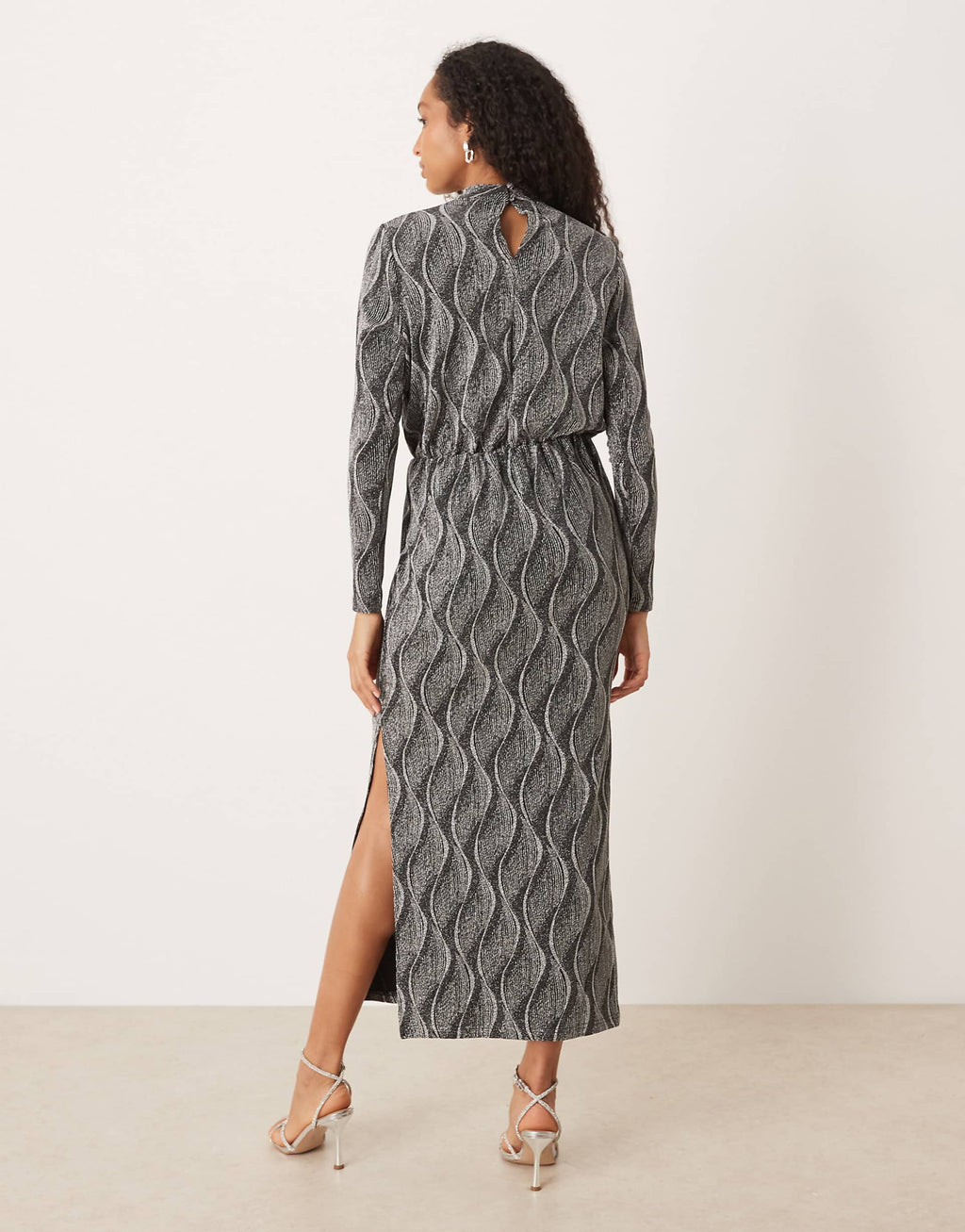 YAS high neck long sleeve glitter maxi dress in silver
