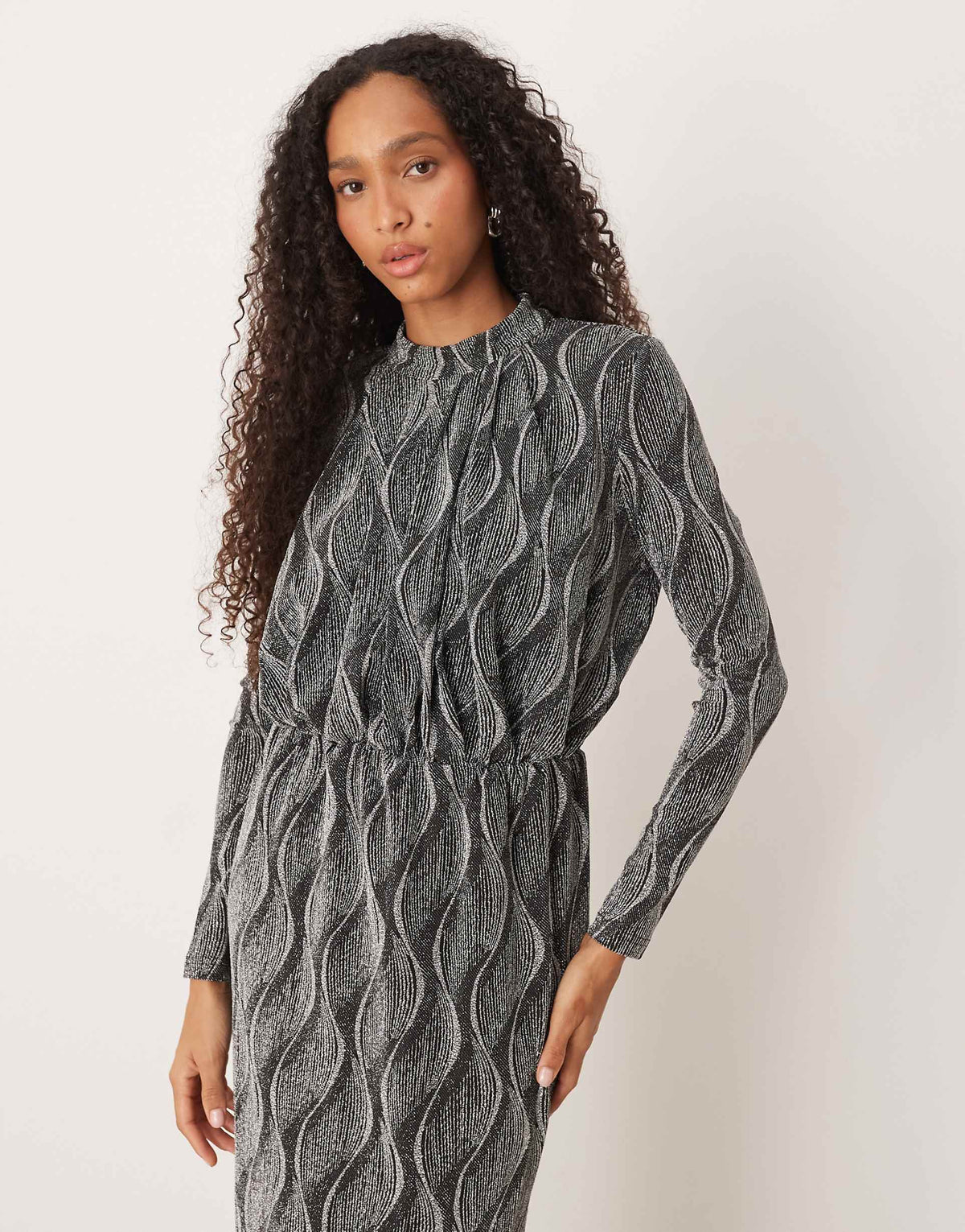 YAS high neck long sleeve glitter maxi dress in silver
