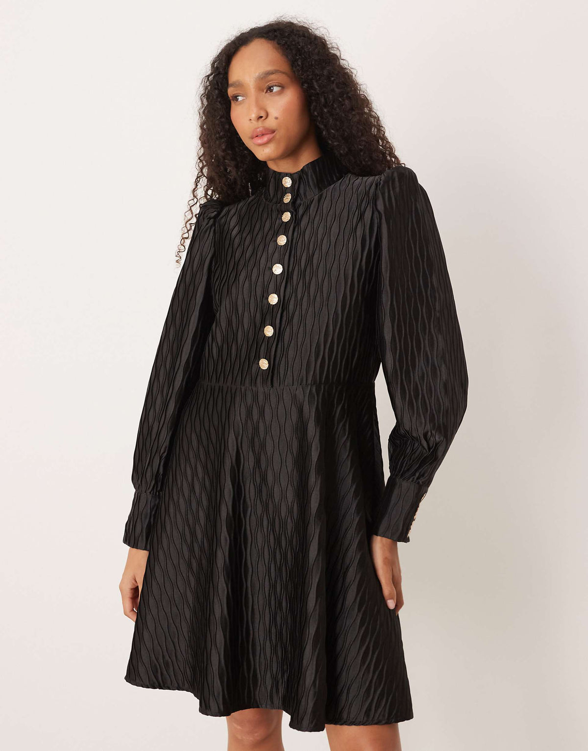 YAS high neck satin mini dress with button front in black