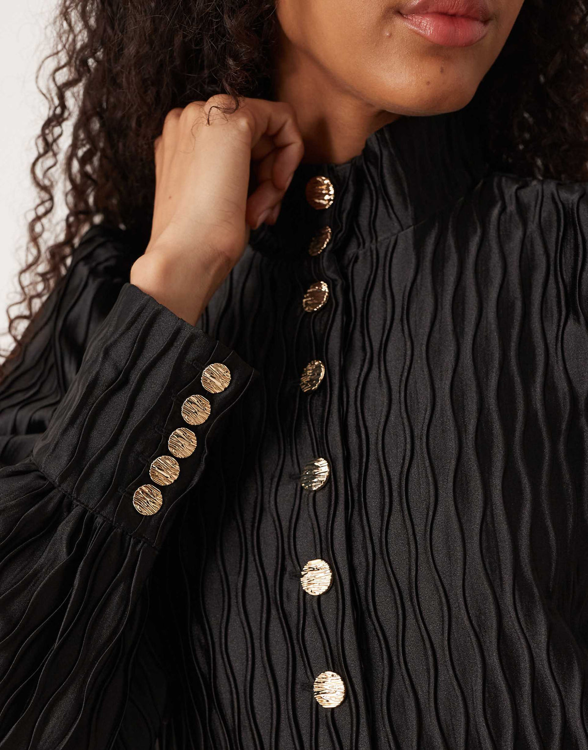 YAS high neck satin mini dress with button front in black
