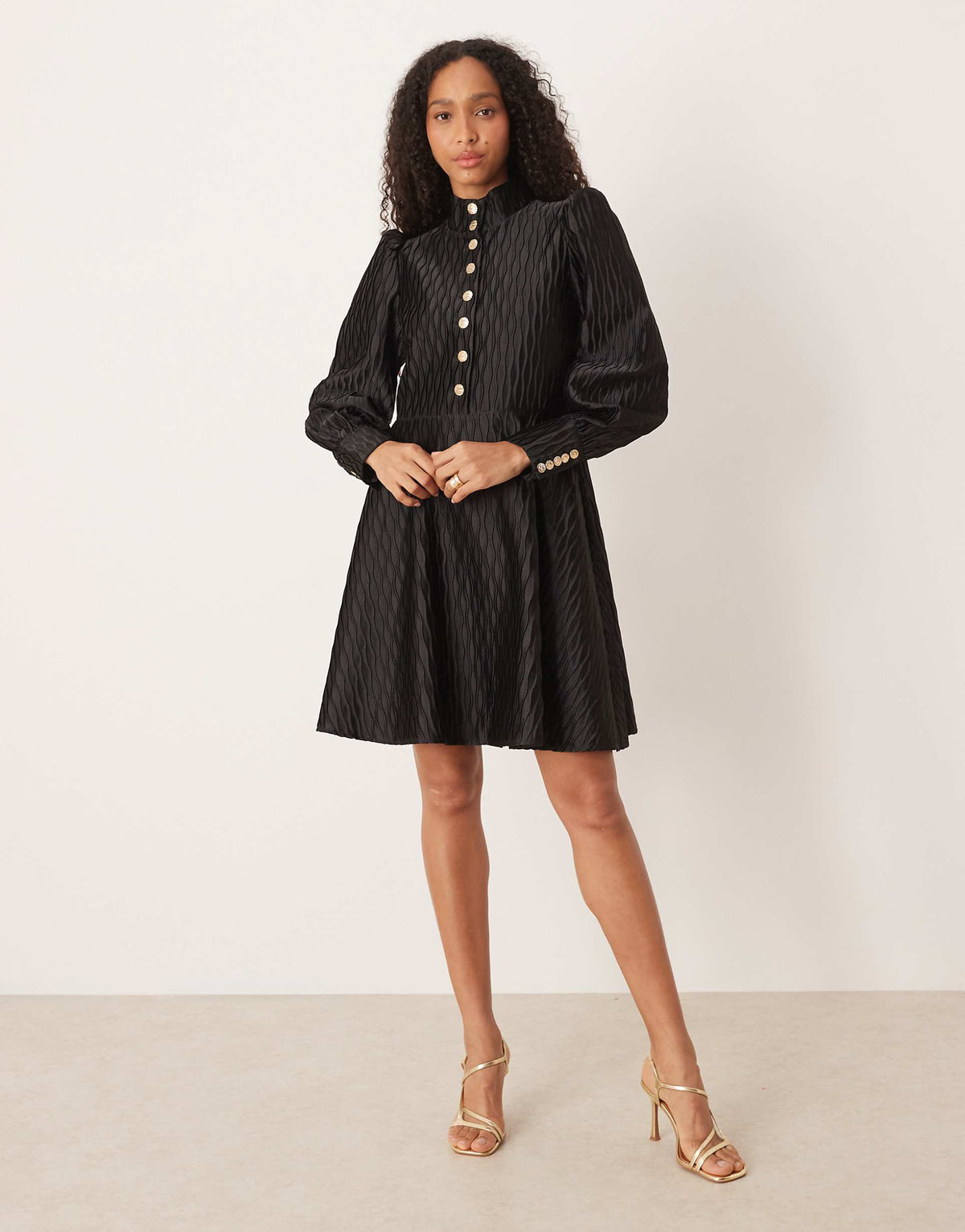 YAS high neck satin mini dress with button front in black