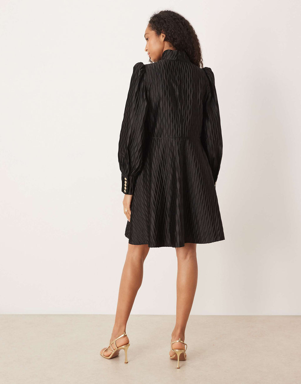 YAS high neck satin mini dress with button front in black