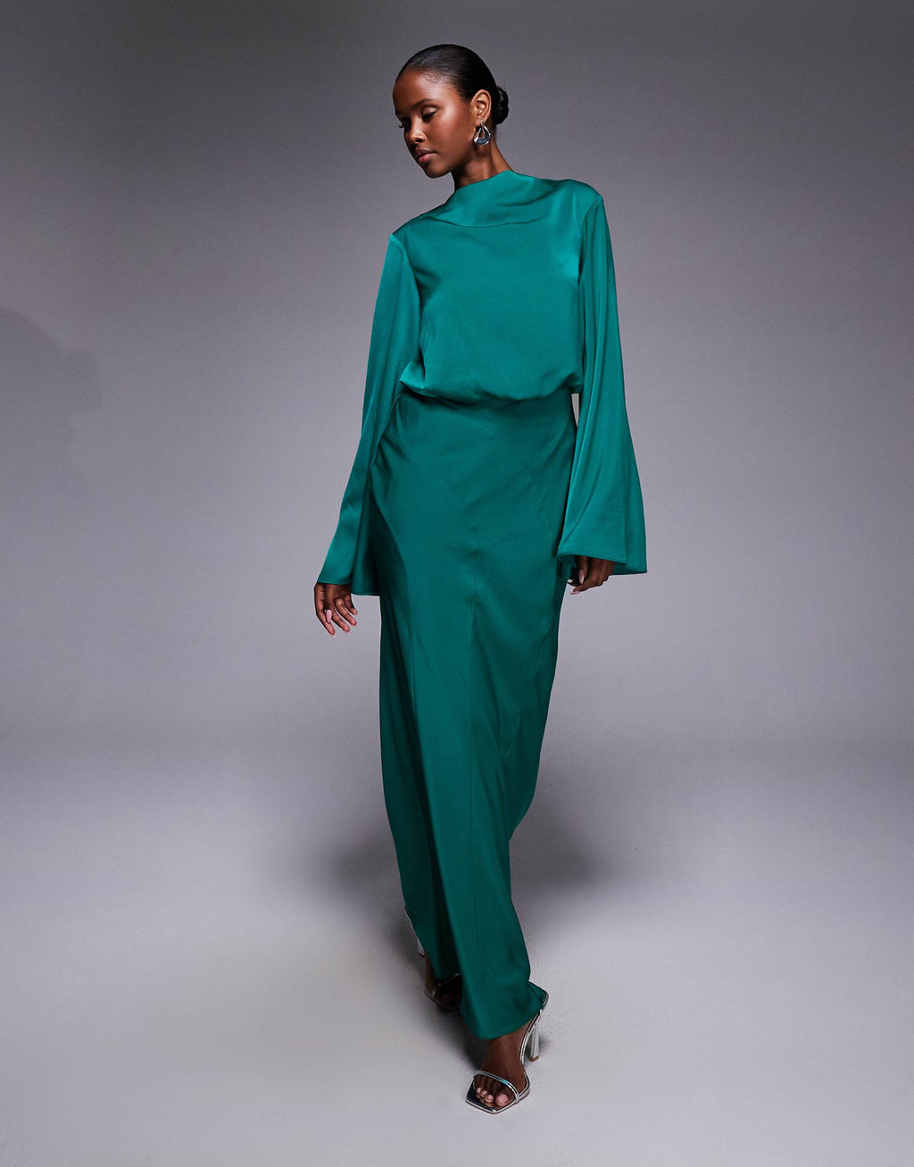 ASOS DESIGN satin blouson bodice long sleeve maxi dress in steel blue