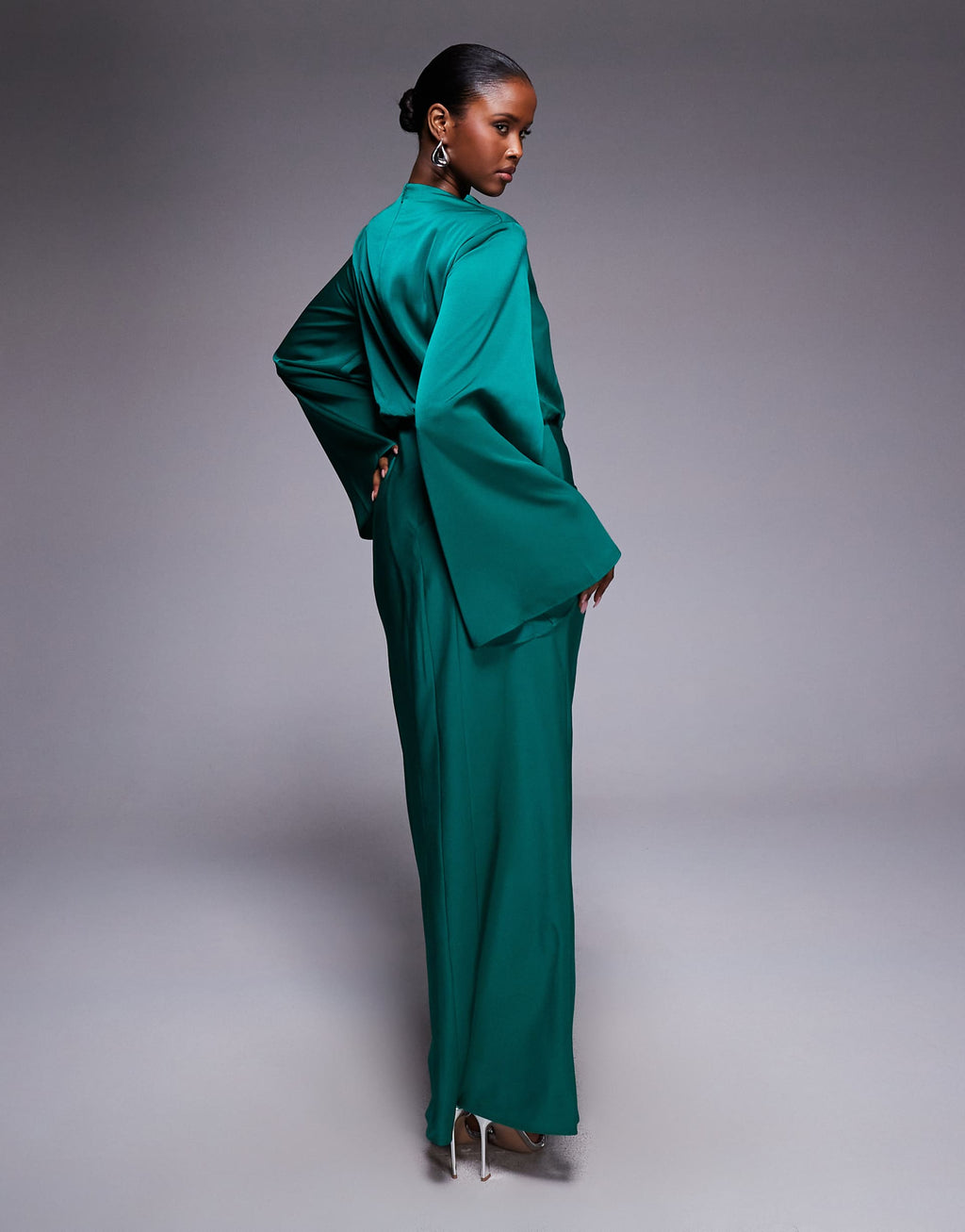 ASOS DESIGN satin blouson bodice long sleeve maxi dress in steel blue