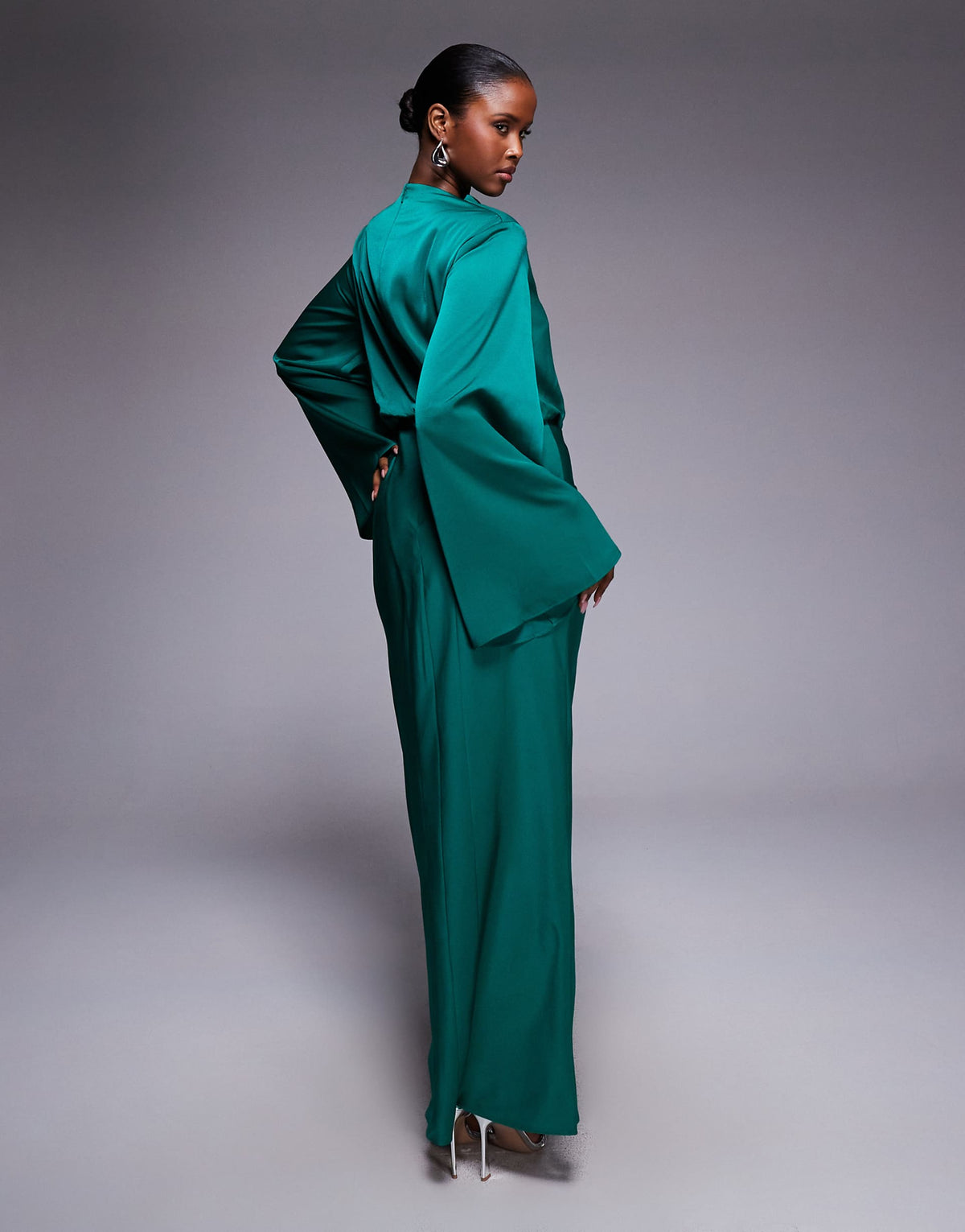 ASOS DESIGN satin blouson bodice long sleeve maxi dress in steel blue