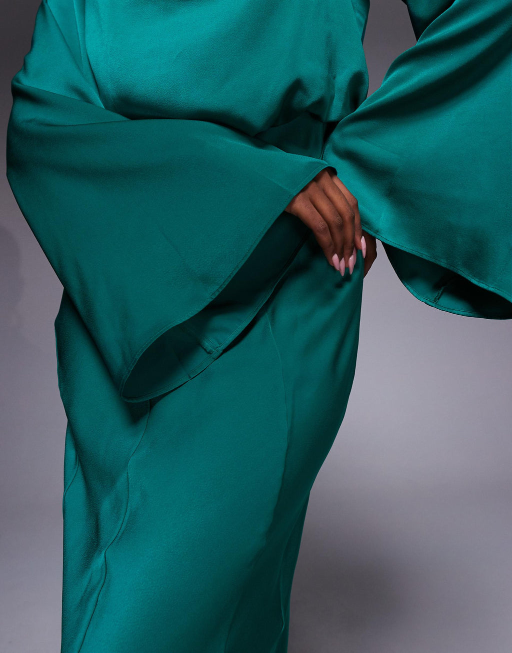 ASOS DESIGN satin blouson bodice long sleeve maxi dress in steel blue