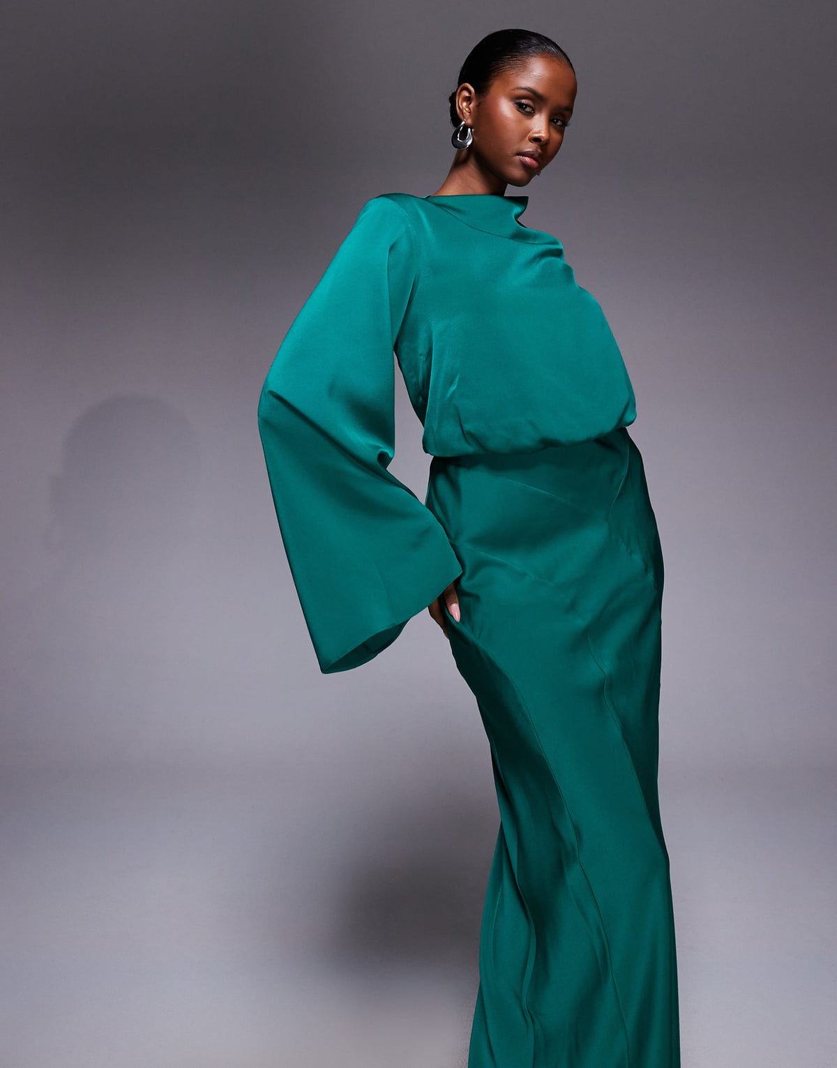 ASOS DESIGN satin blouson bodice long sleeve maxi dress in steel blue