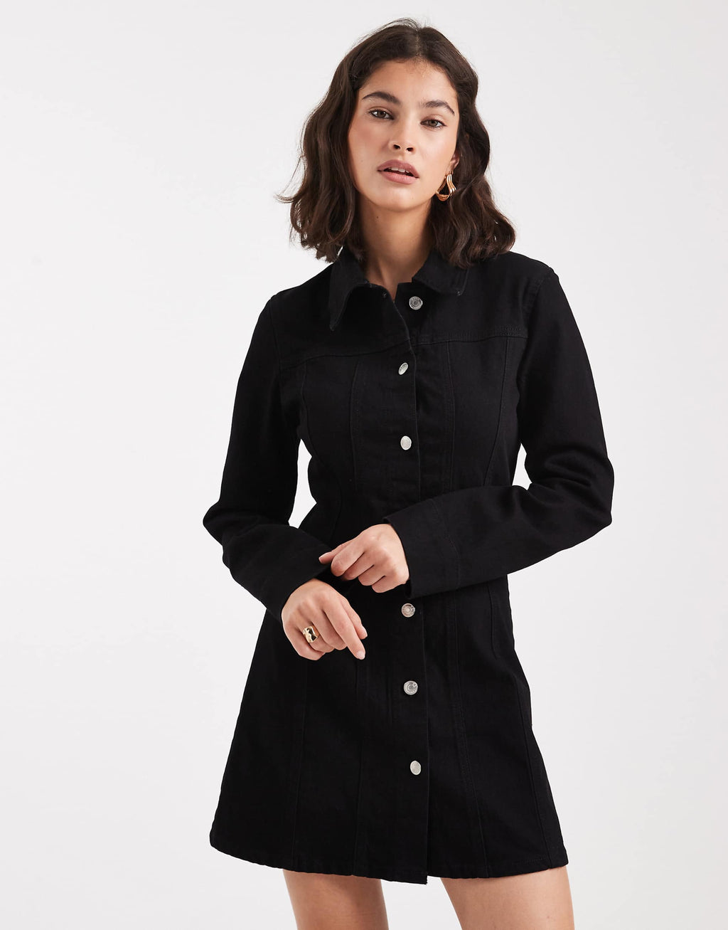 ASOS DESIGN denim mini shirt dress with flare hem in clean black