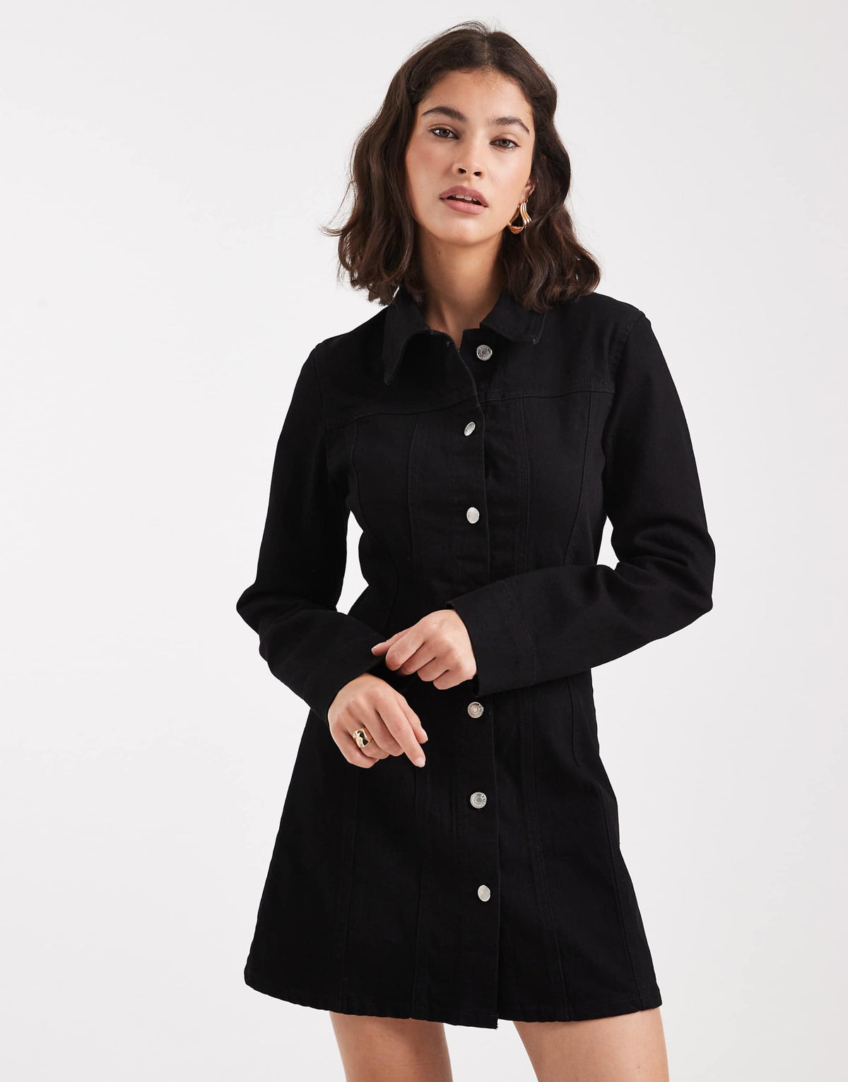 ASOS DESIGN denim mini shirt dress with flare hem in clean black