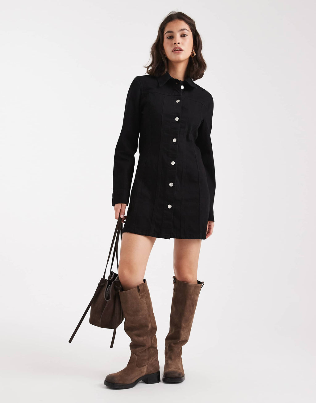 ASOS DESIGN denim mini shirt dress with flare hem in clean black