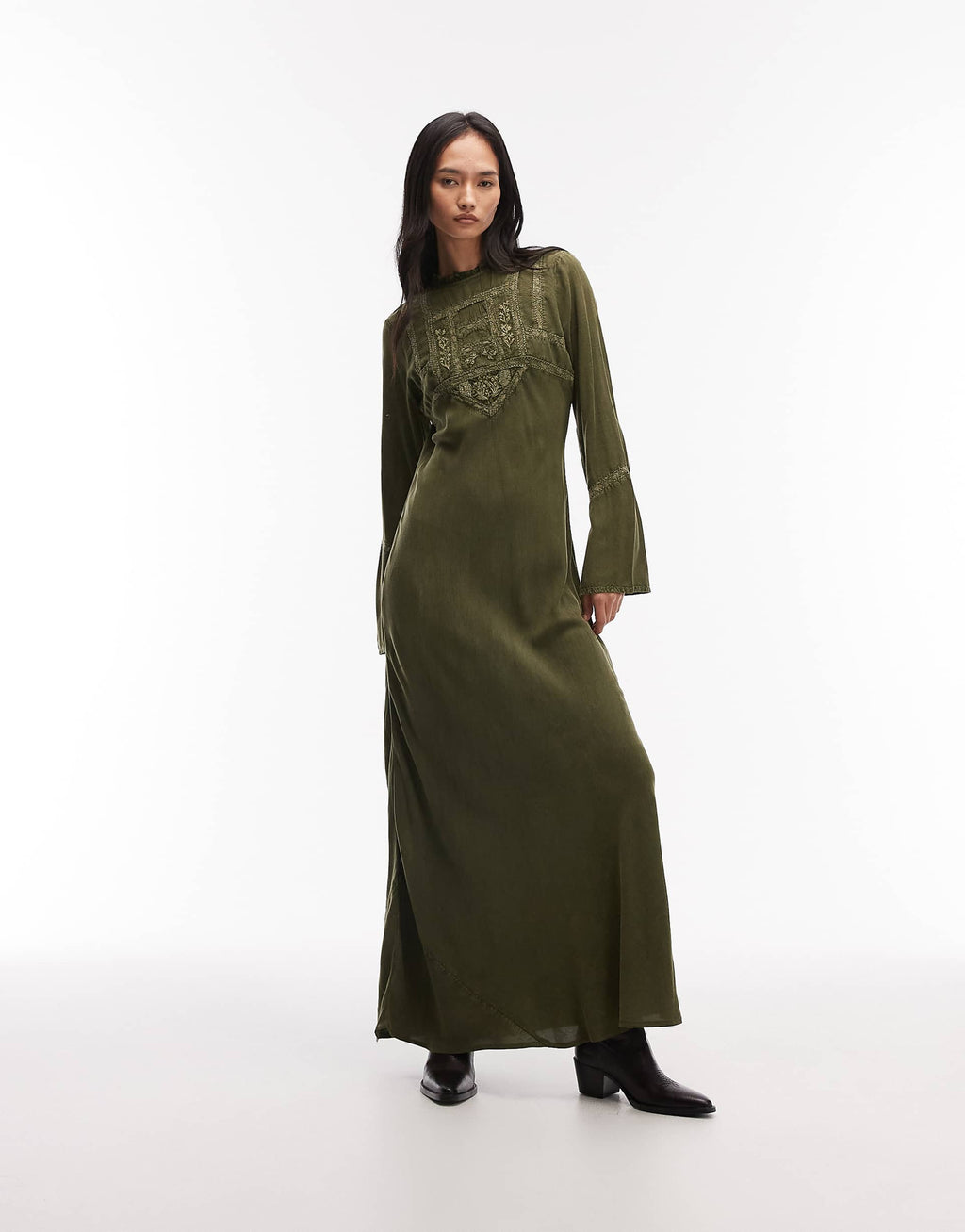 ASOS DESIGN Modesty maxi tee dress in washed green with lace trim inserts