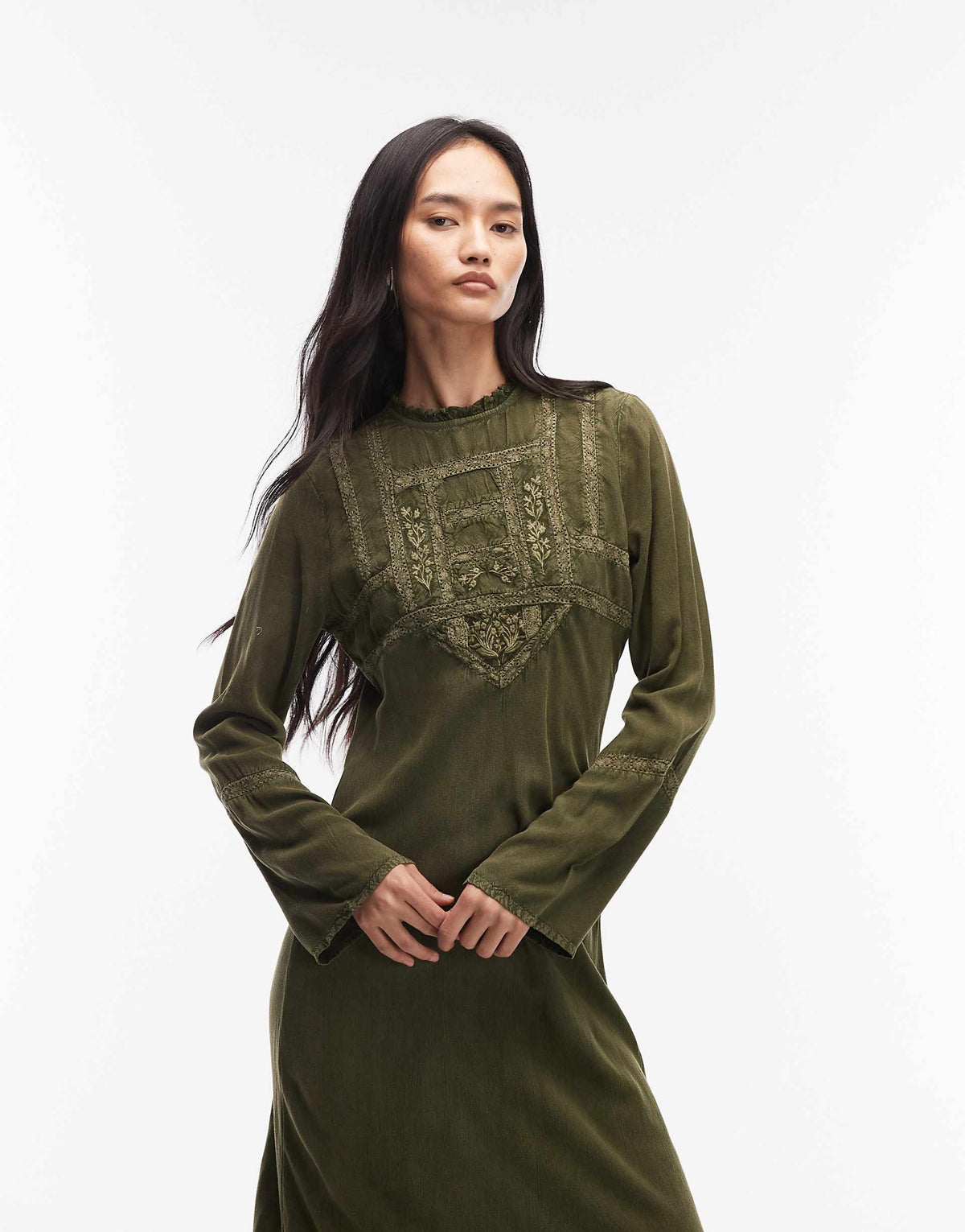 ASOS DESIGN Modesty maxi tee dress in washed green with lace trim inserts