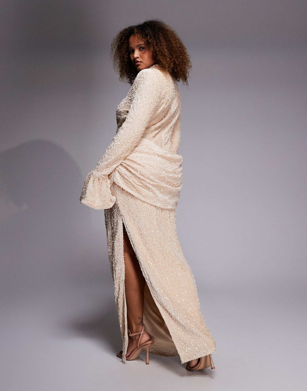 ASOS LUXE Curve velvet sequin maxi dress with drape waist in cream