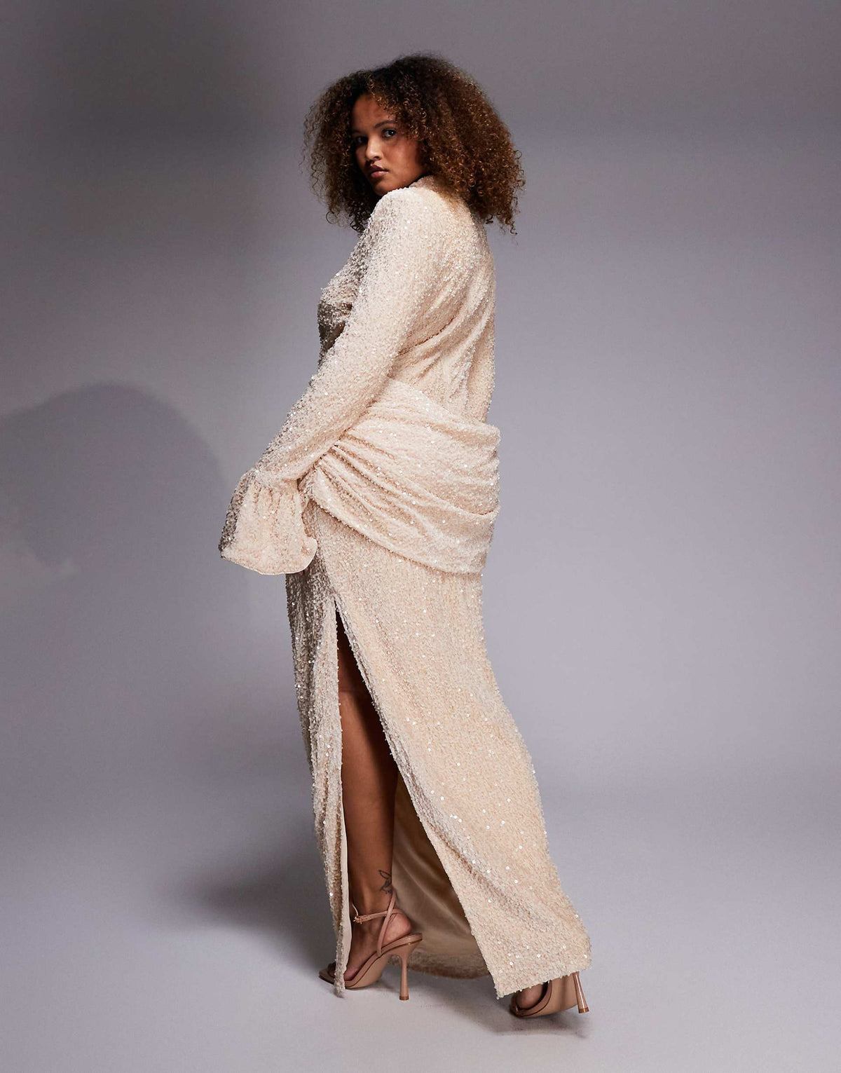 ASOS LUXE Curve velvet sequin maxi dress with drape waist in cream