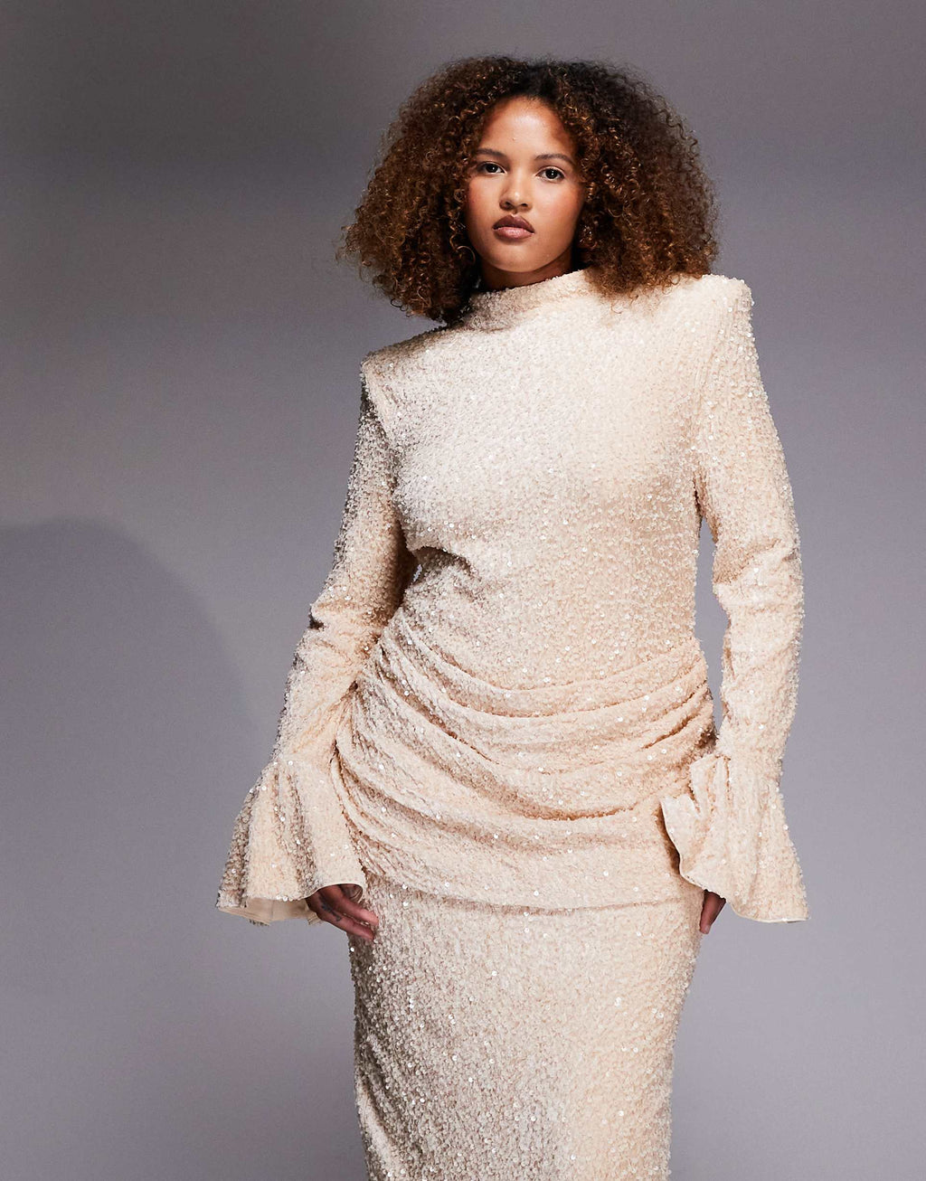 ASOS LUXE Curve velvet sequin maxi dress with drape waist in cream