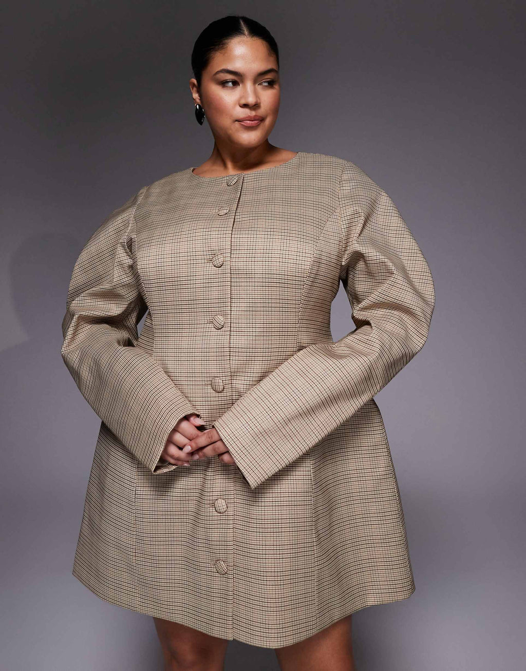 ASOS LUXE Curve button down sculpted mini dress with cocoon sleeves in brown plaid