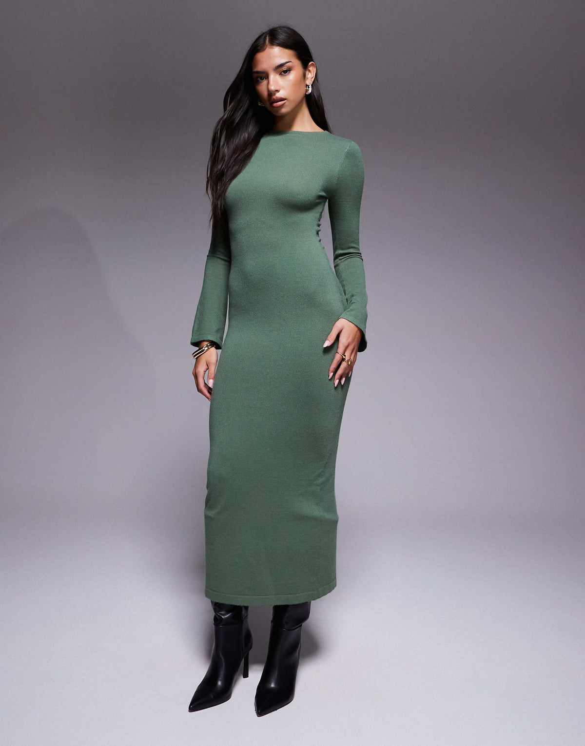 Kaiia knit flare sleeve bodycon maxi dress in khaki