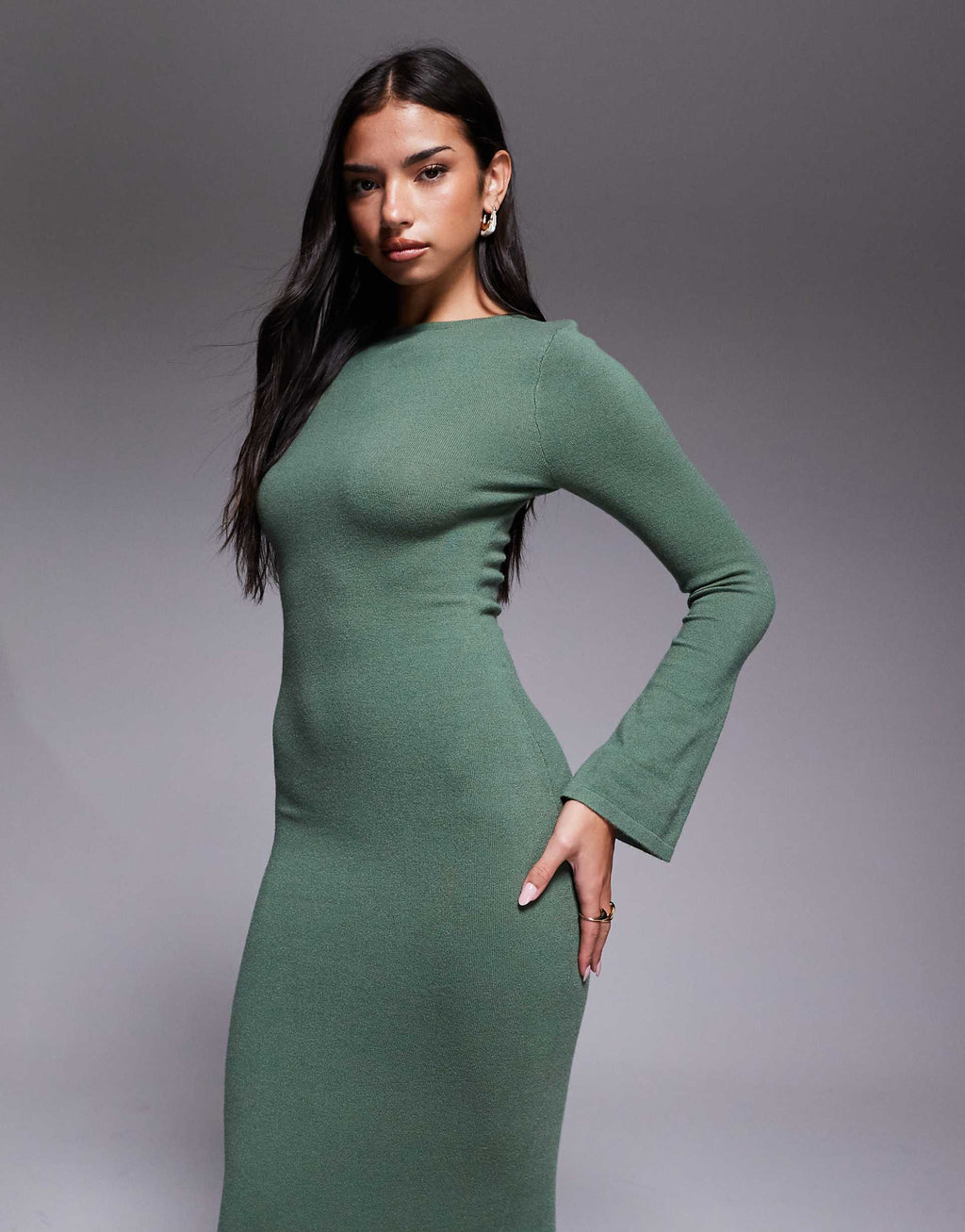 Kaiia knit flare sleeve bodycon maxi dress in khaki