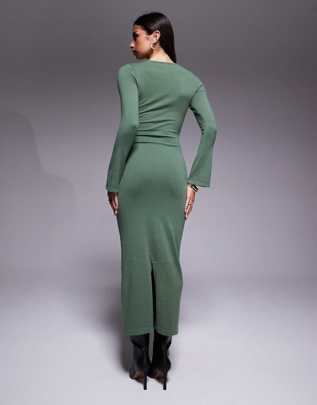 Kaiia knit flare sleeve bodycon maxi dress in khaki