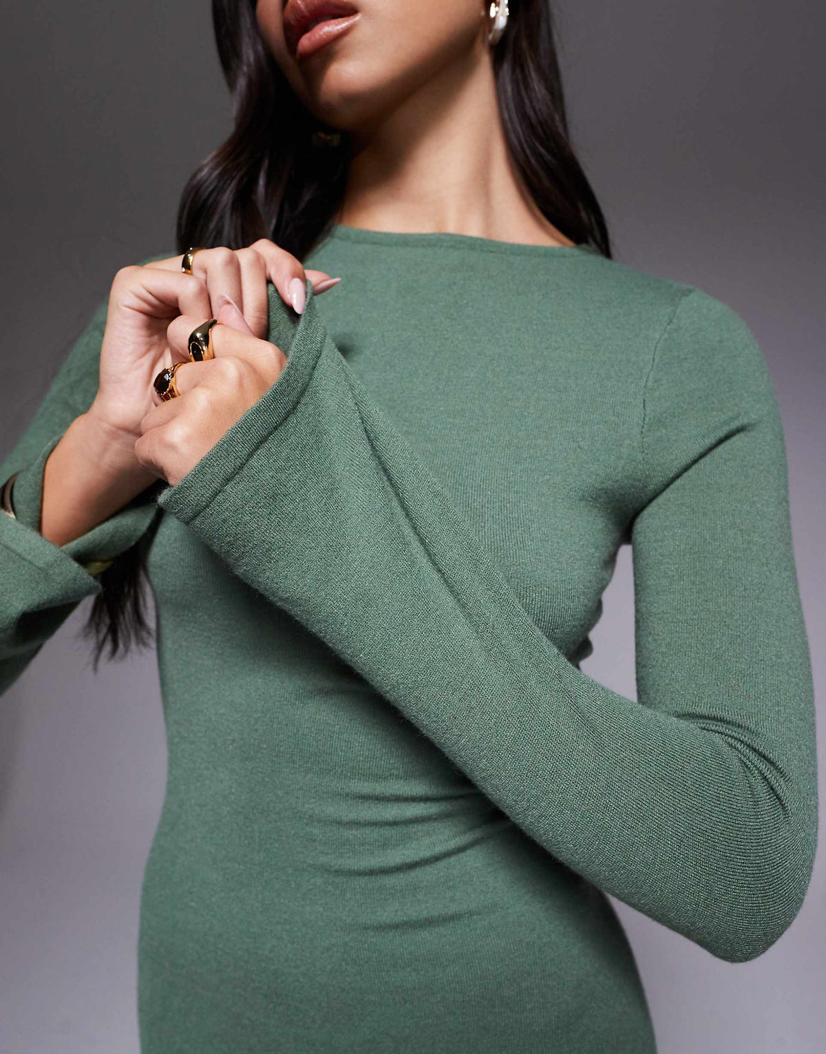 Kaiia knit flare sleeve bodycon maxi dress in khaki