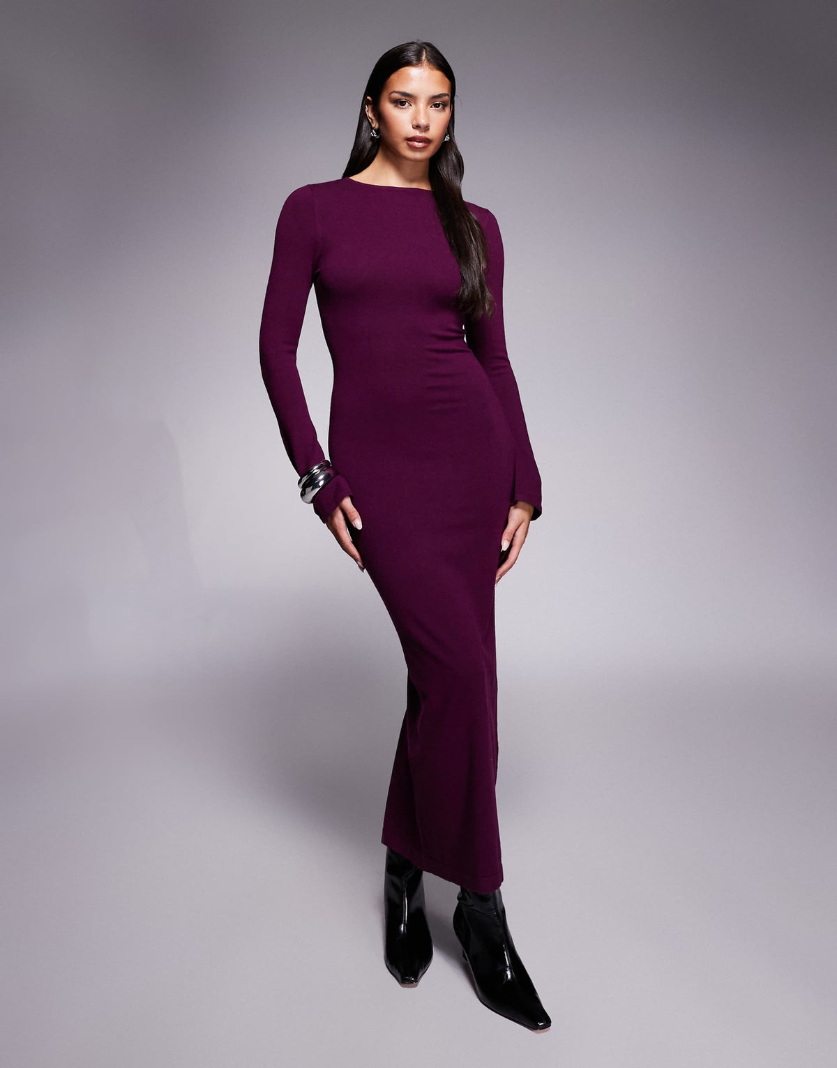 Kaiia knit flared sleeve bodycon maxi dress in plum