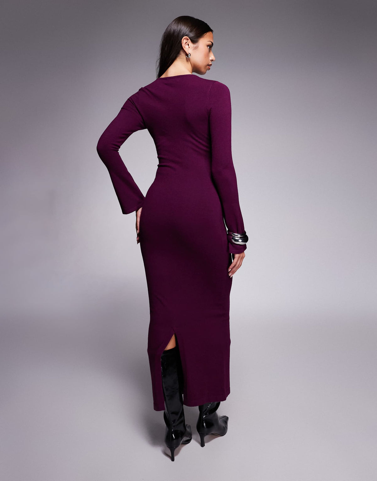 Kaiia knit flared sleeve bodycon maxi dress in plum