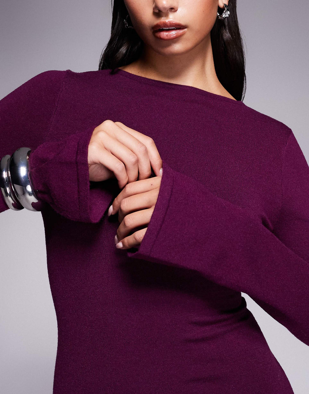 Kaiia knit flared sleeve bodycon maxi dress in plum