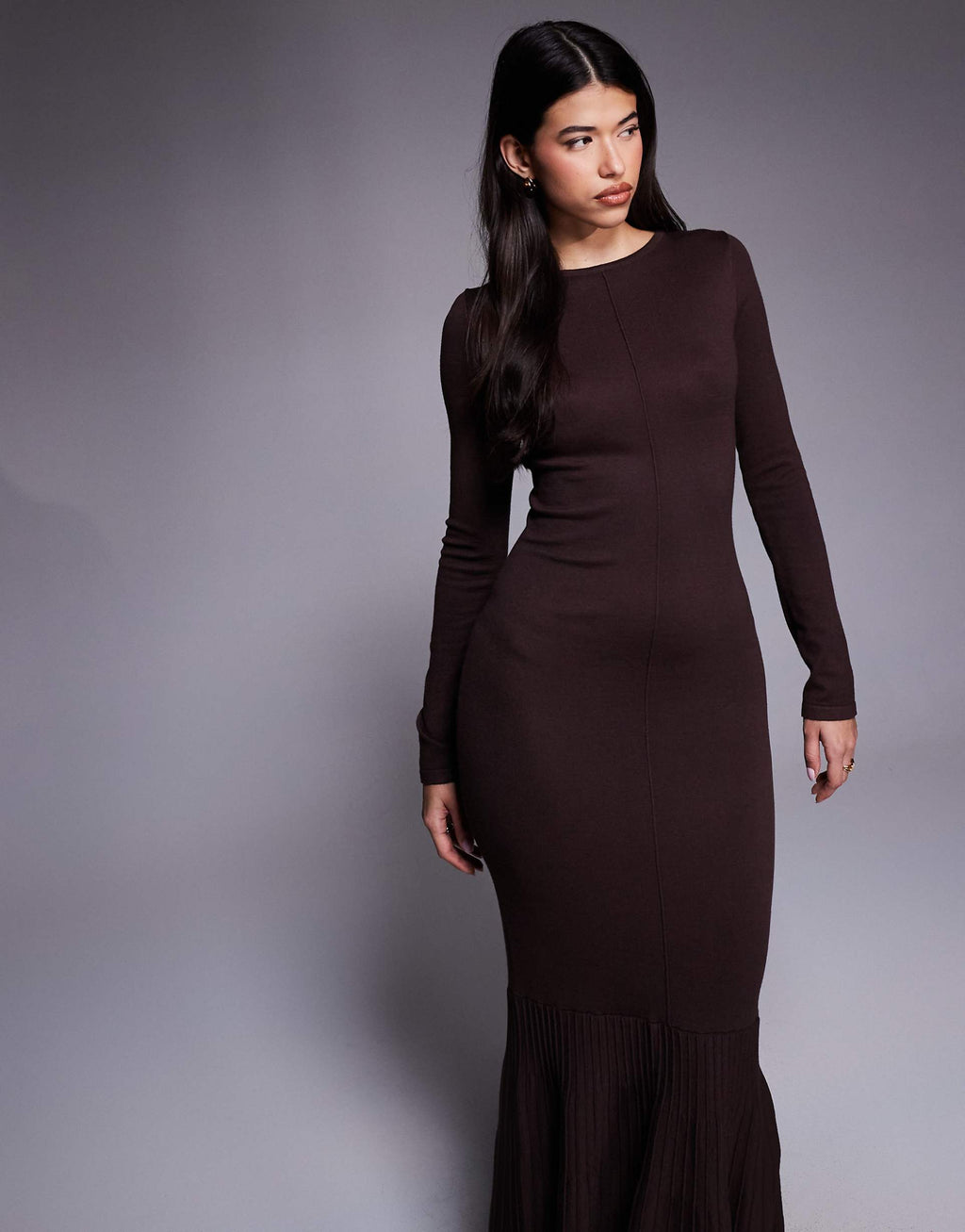 Kaiia exclusive knitted long sleeve flared skirt maxi dress in chocolate