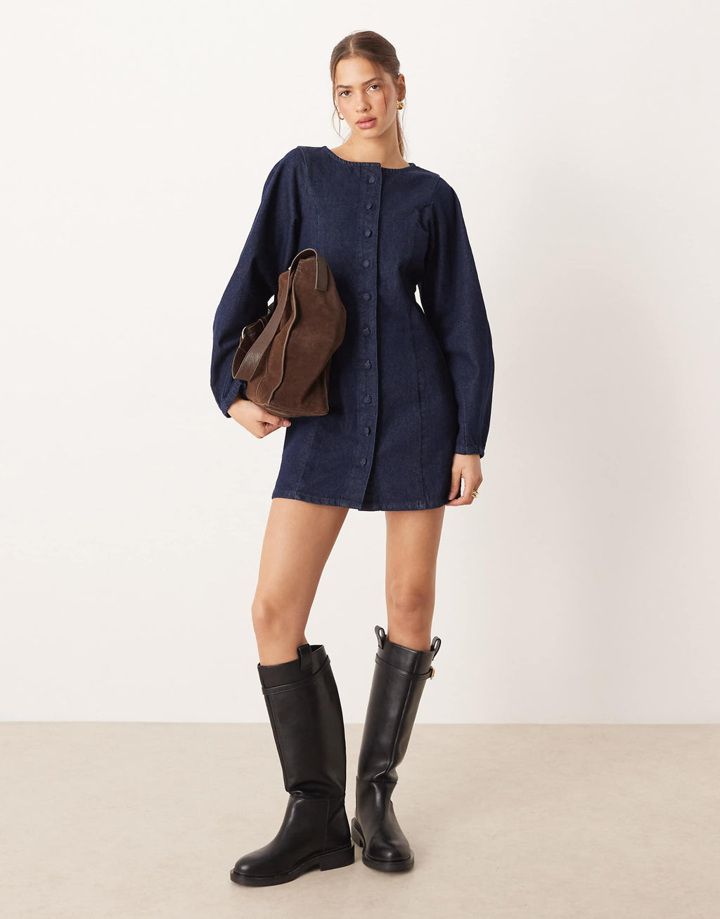 ASOS DESIGN denim vest mini dress with banana sleeves in rinse
