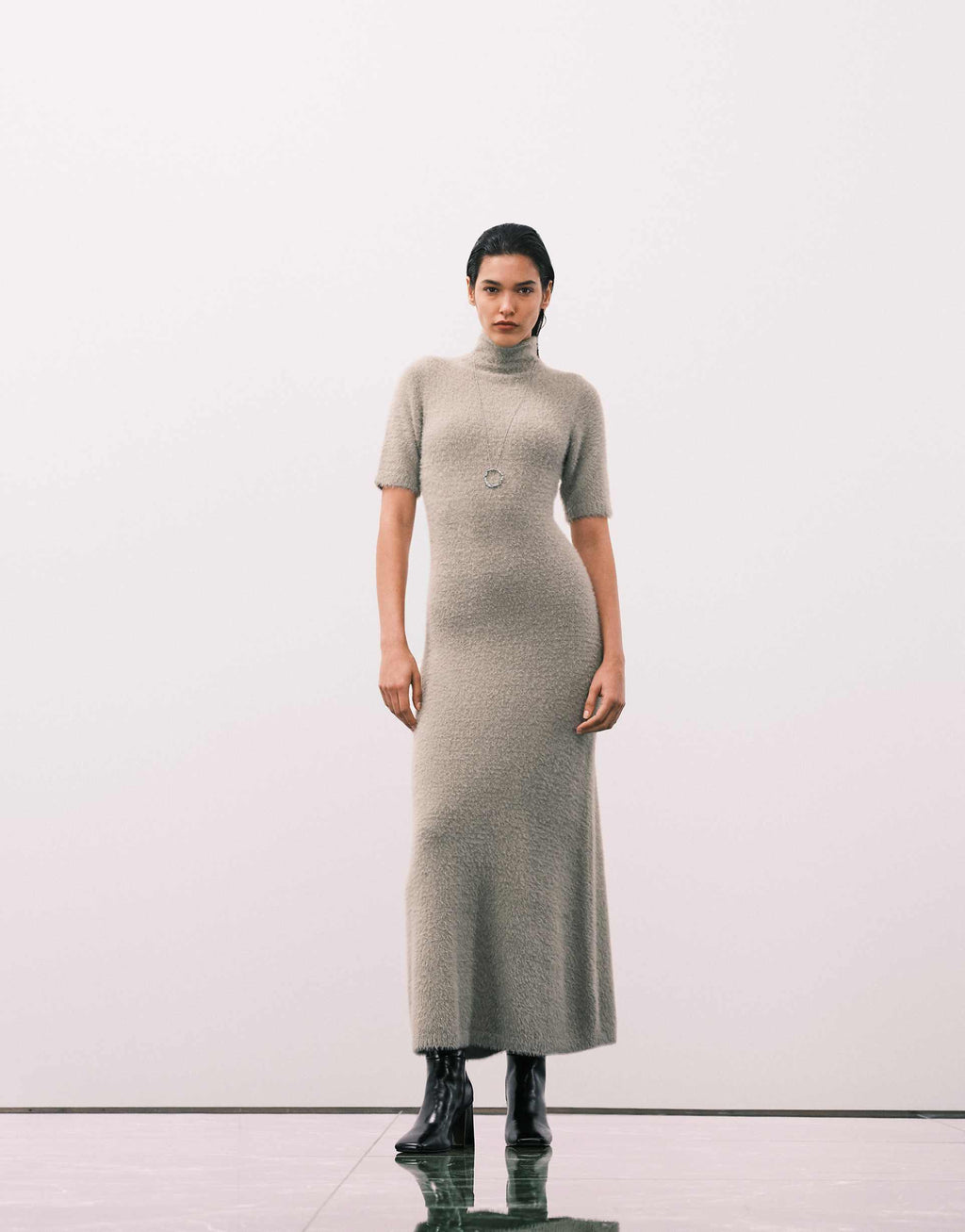 Pretty Lavish fluffy knit turtle neck short sleeve maxi dress in sage green