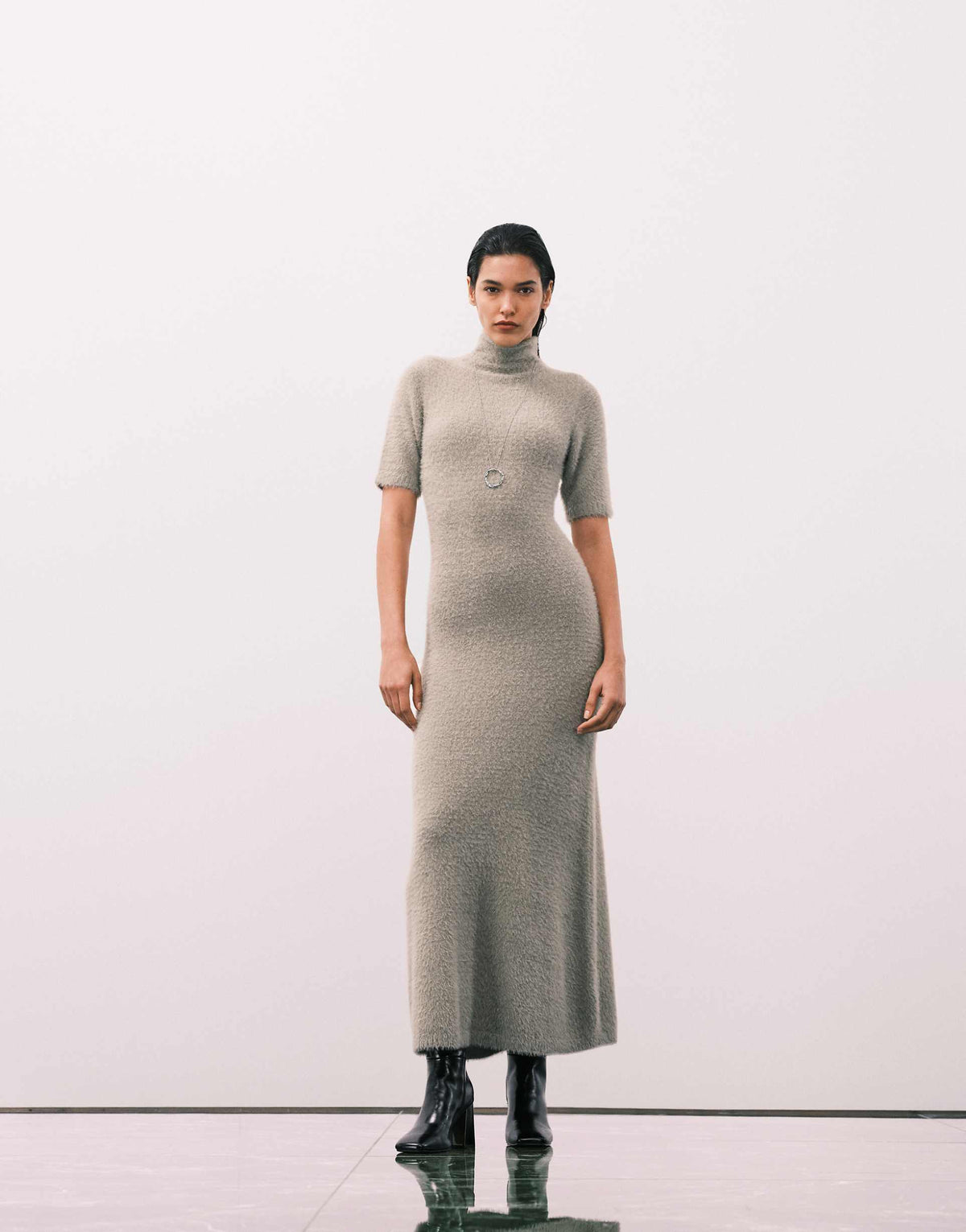 Pretty Lavish fluffy knit turtle neck short sleeve maxi dress in sage green