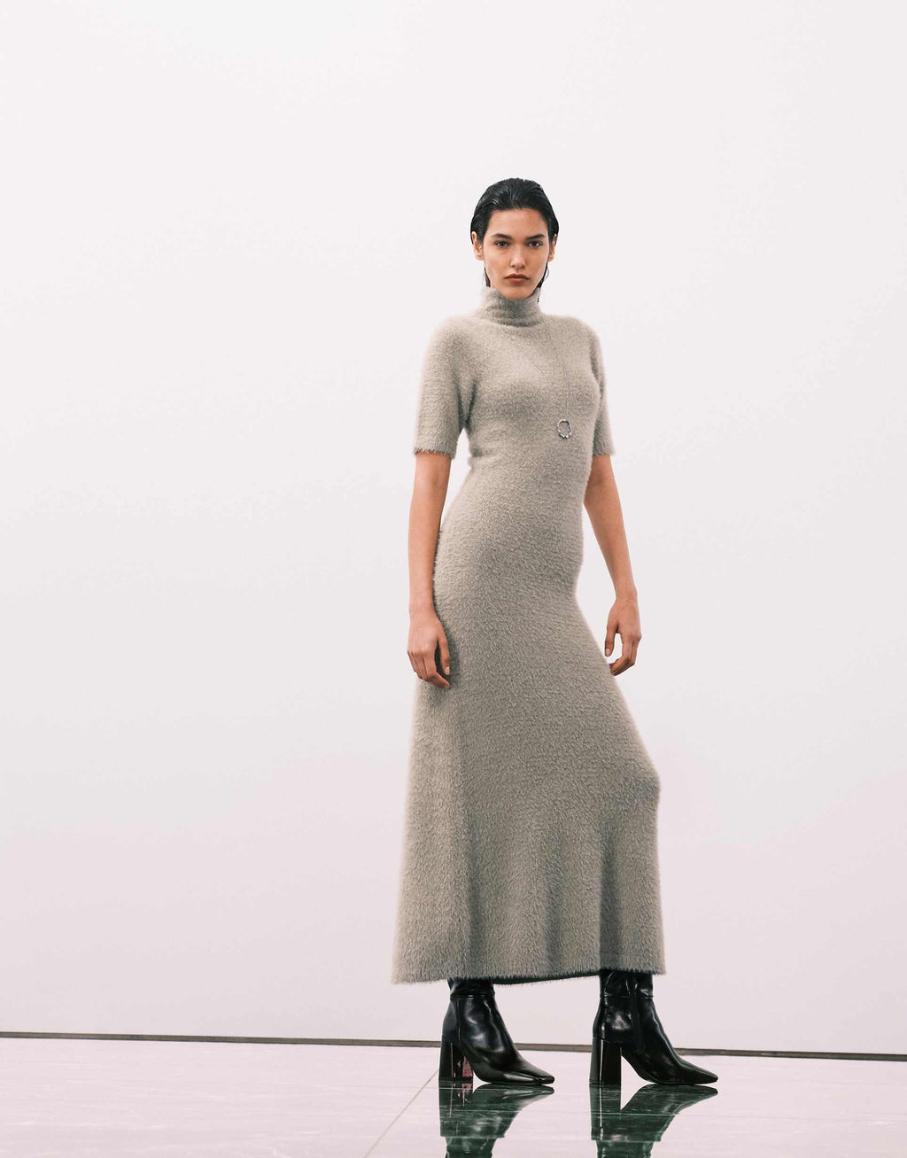 Pretty Lavish fluffy knit turtle neck short sleeve maxi dress in sage green